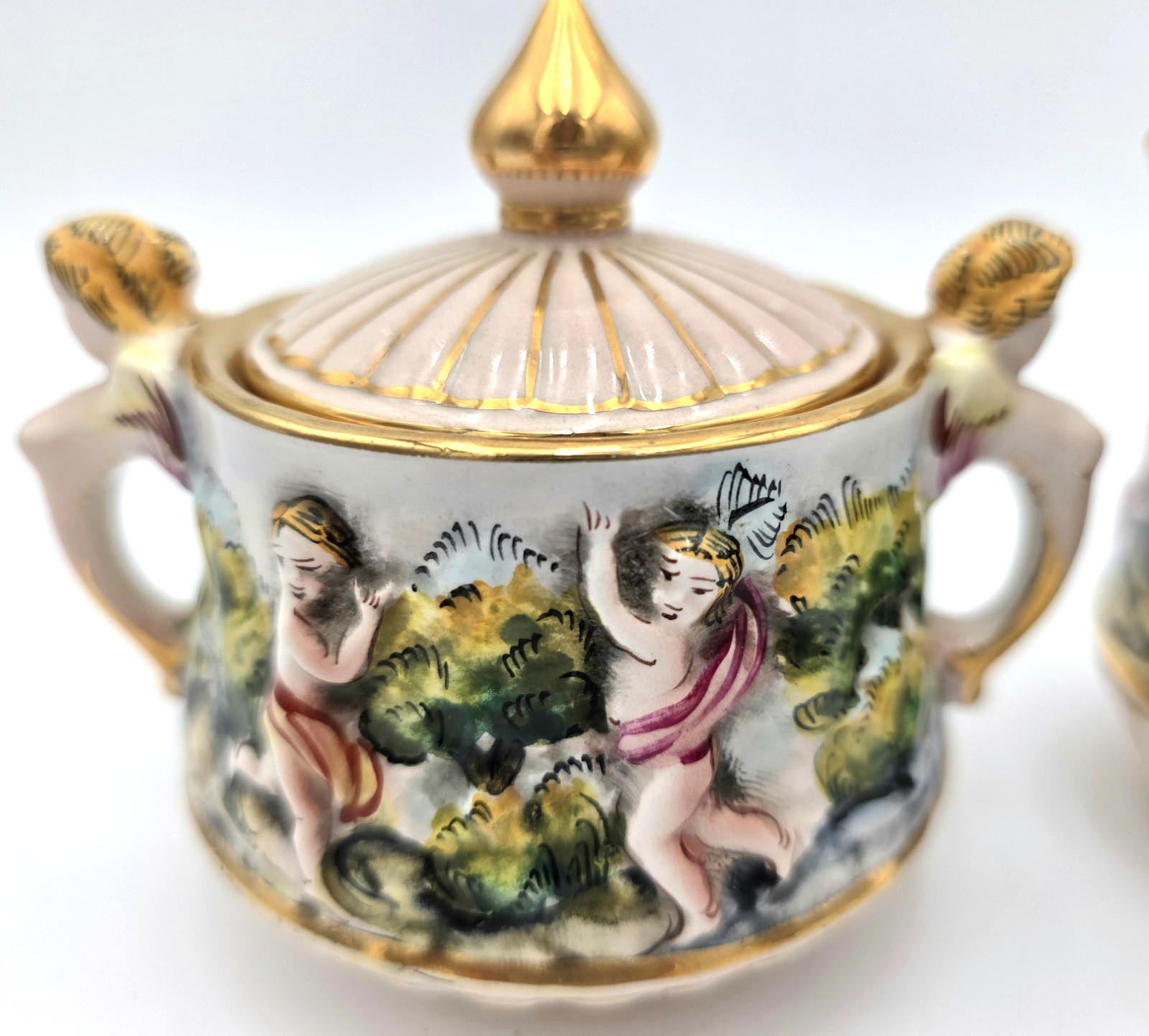 Capodimonte Cherub Sugar Bowl Creamer Set Gold Gilt Italy Porcelain VTG