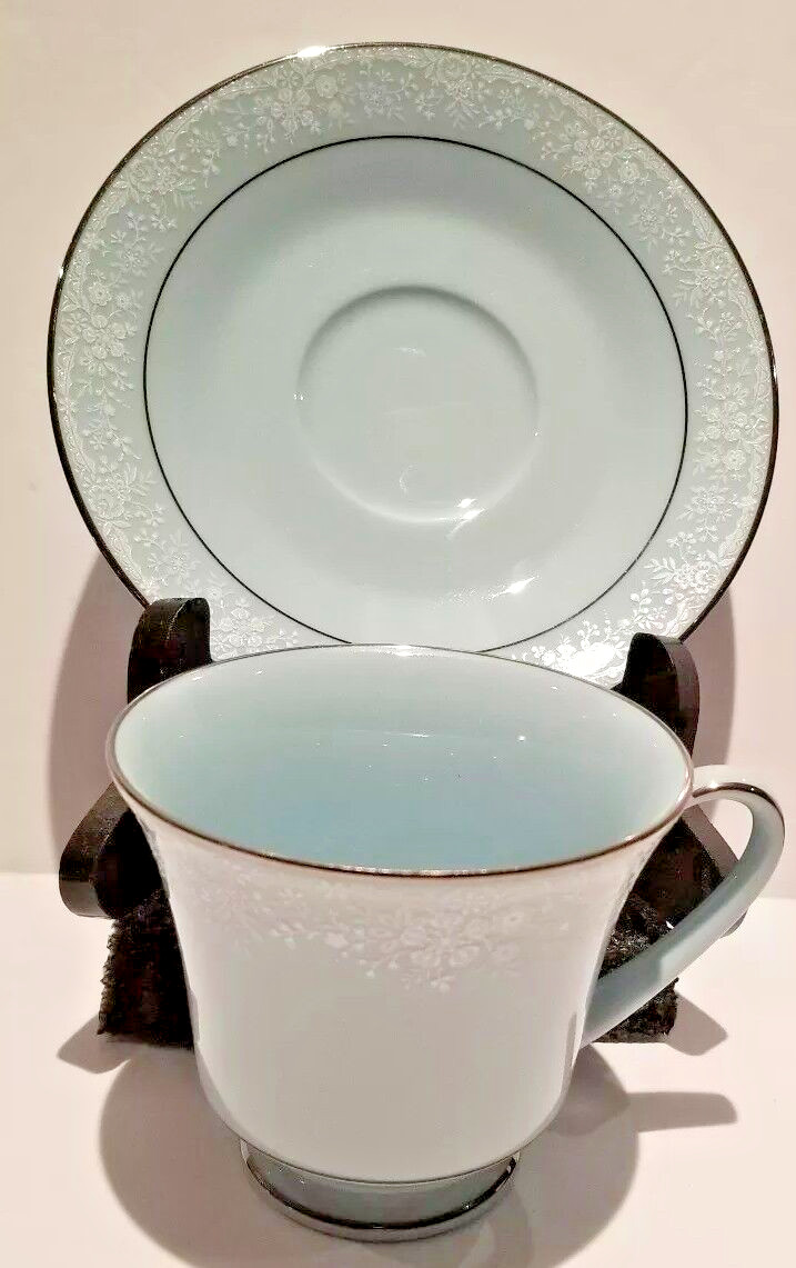Noritake Fidelity Cup & Saucer Blue White Flowers Platinum Trim