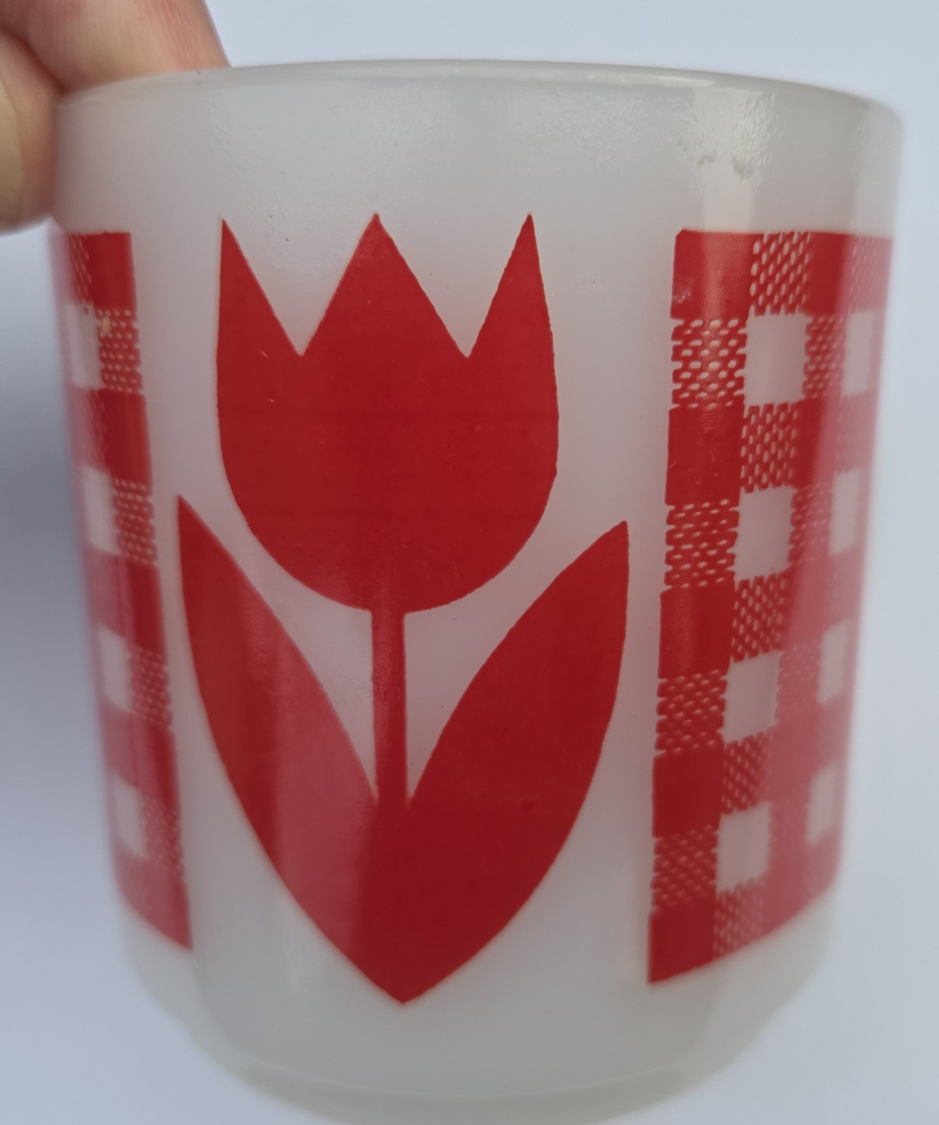 Vtg Termocrisa?Jeannette Glasbake? Coffee Mug Red Tulip Gingham 1960’s-70’s