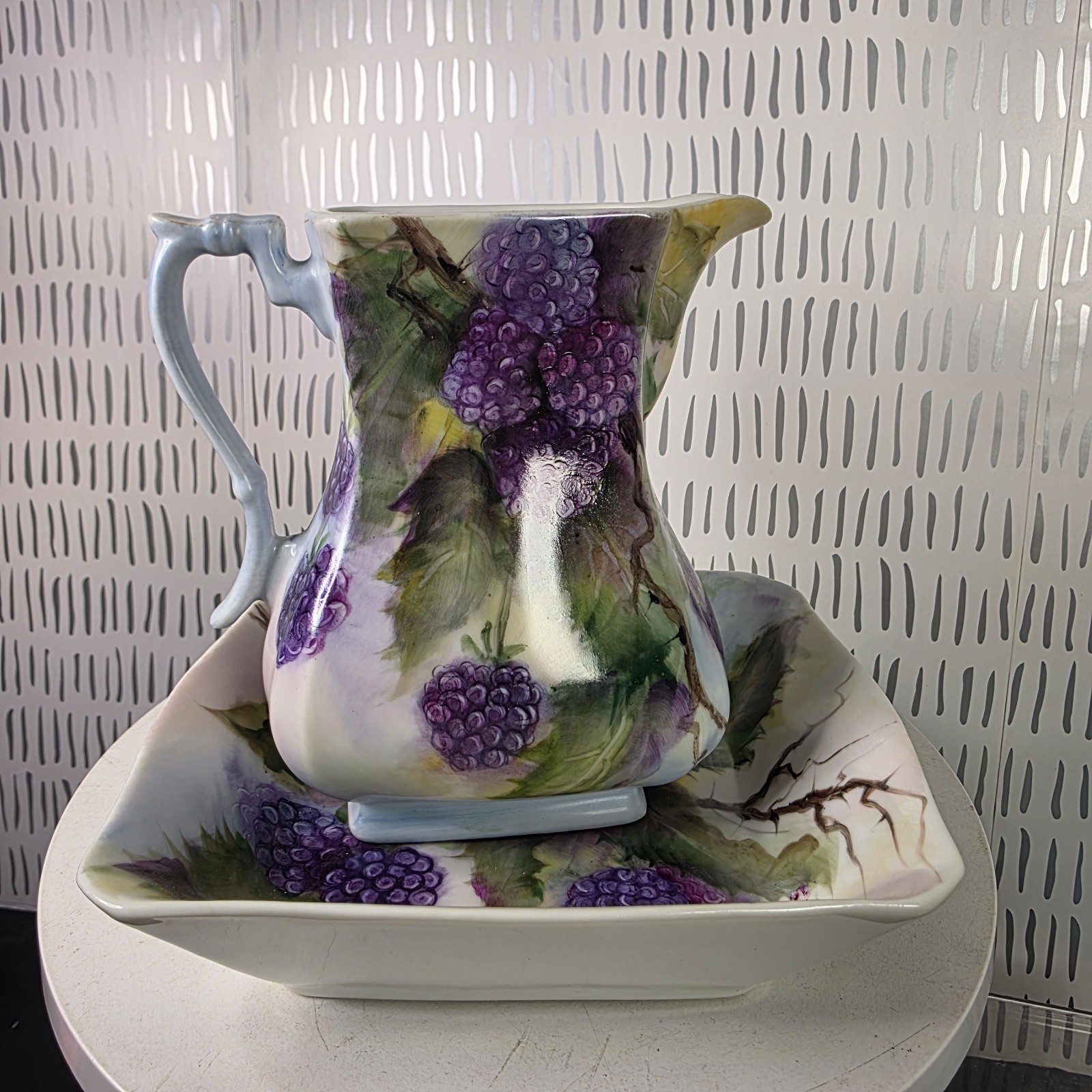 Vintage Artist Signed Hand Painted Porcelain Pitcher & Tray Blackberry Grape