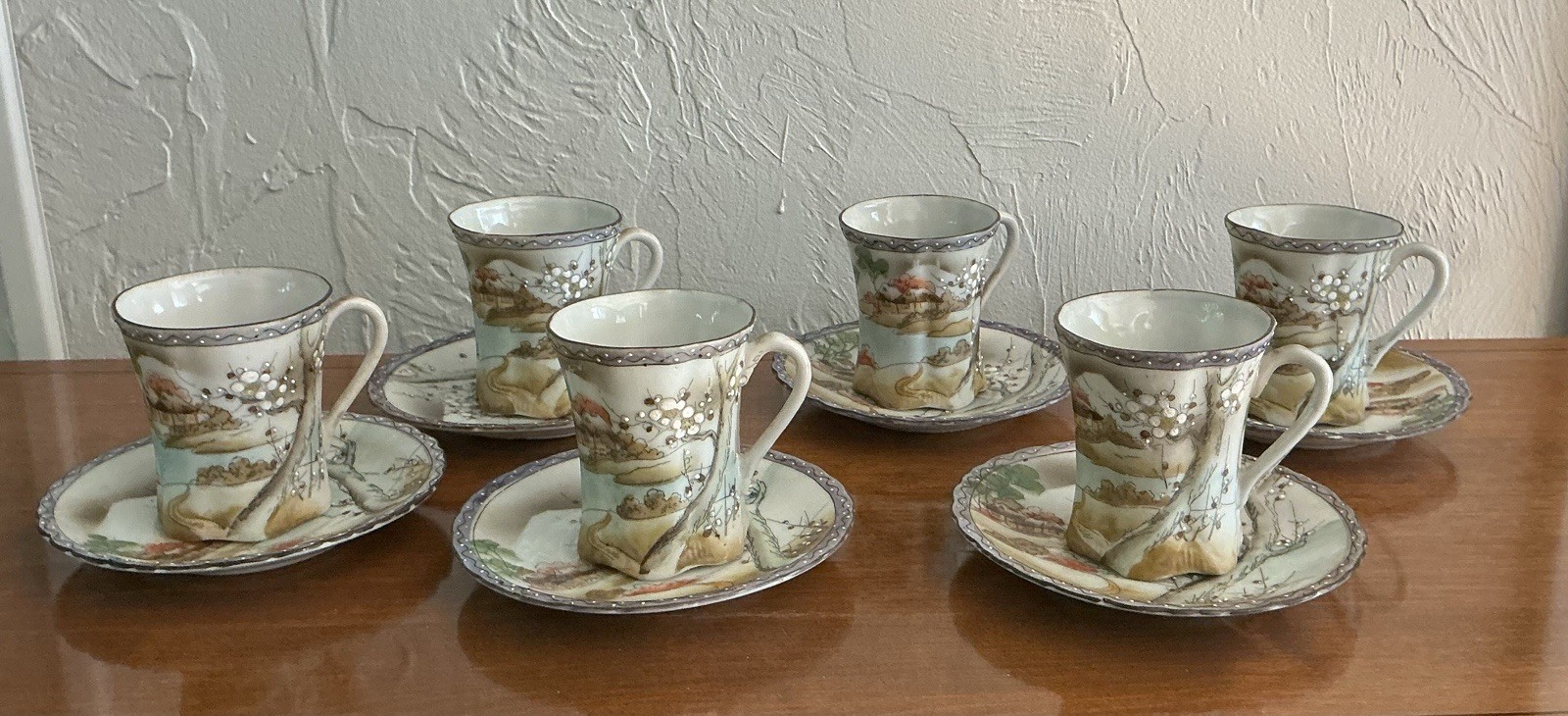 Antique Nippon Hand Painted Moriage Chocolate Pot Set 14 Torii Gate Mark 1905-15