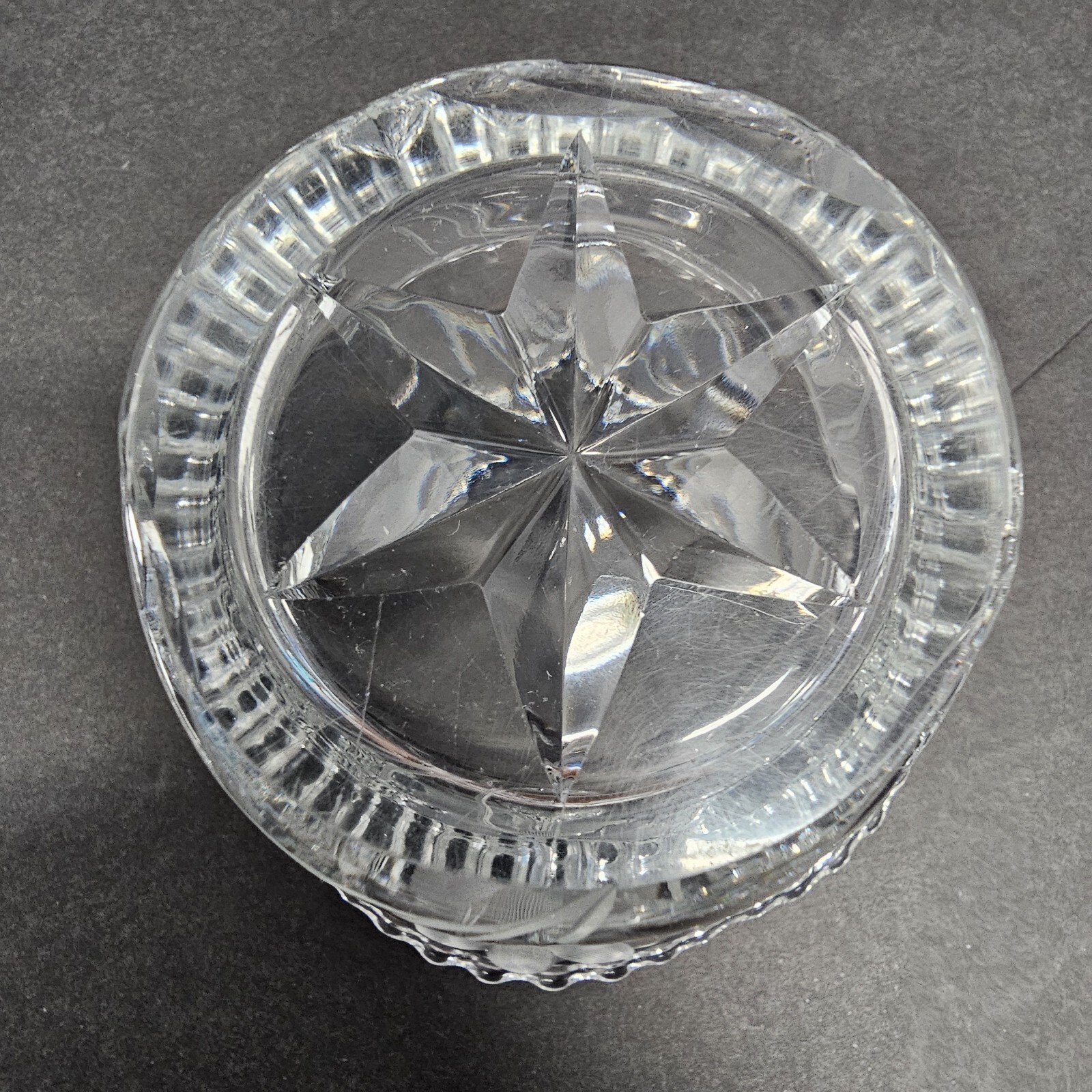 Lead Crystal Bowl Candy Nut Dish Etched Flowers Scalloped Edge Star Bottom