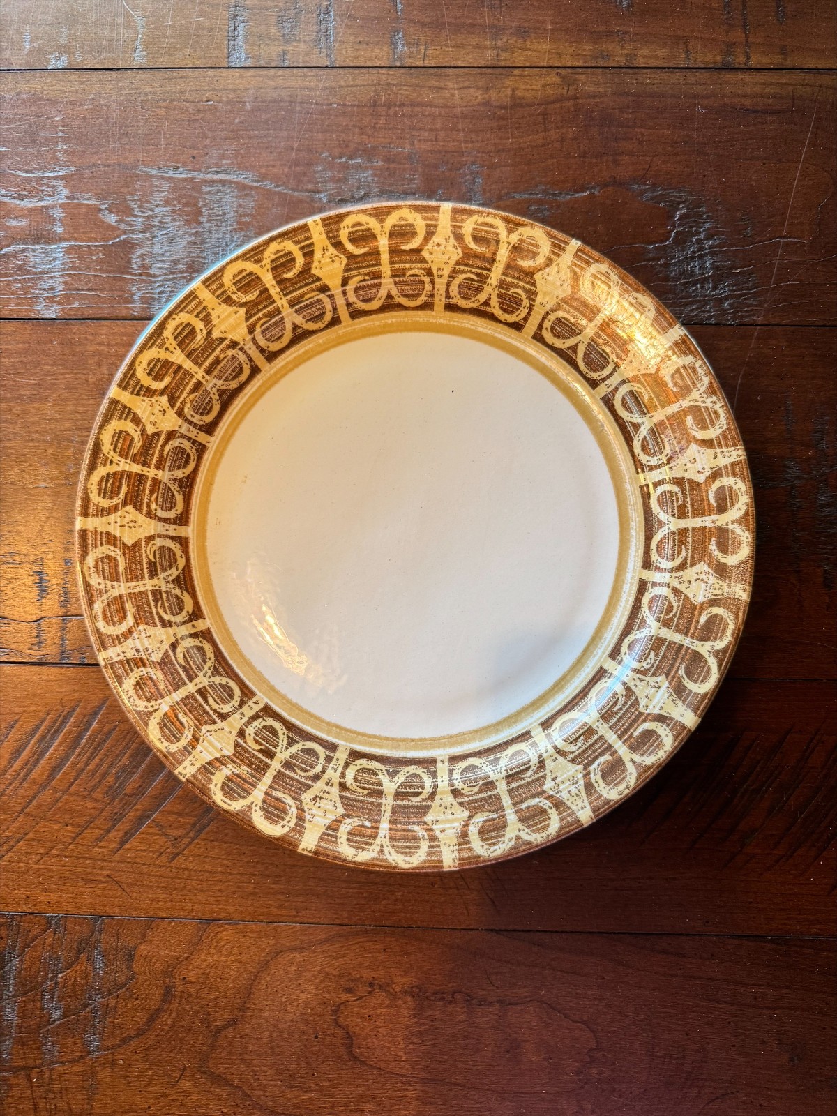 Vintage Stoneware Platter Dinner Plate Brown Scroll Border 12” Mid-Century MCM
