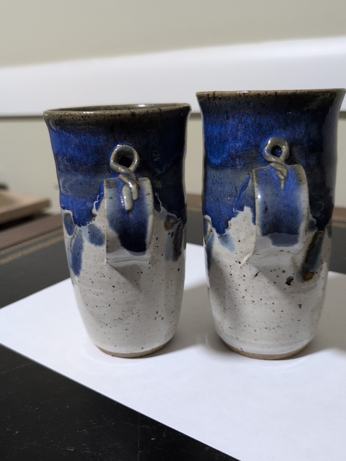 Studio Art Pottery Mugs Blue,Tan, Gray, Signed 1986 Glazed! Lot Of 2