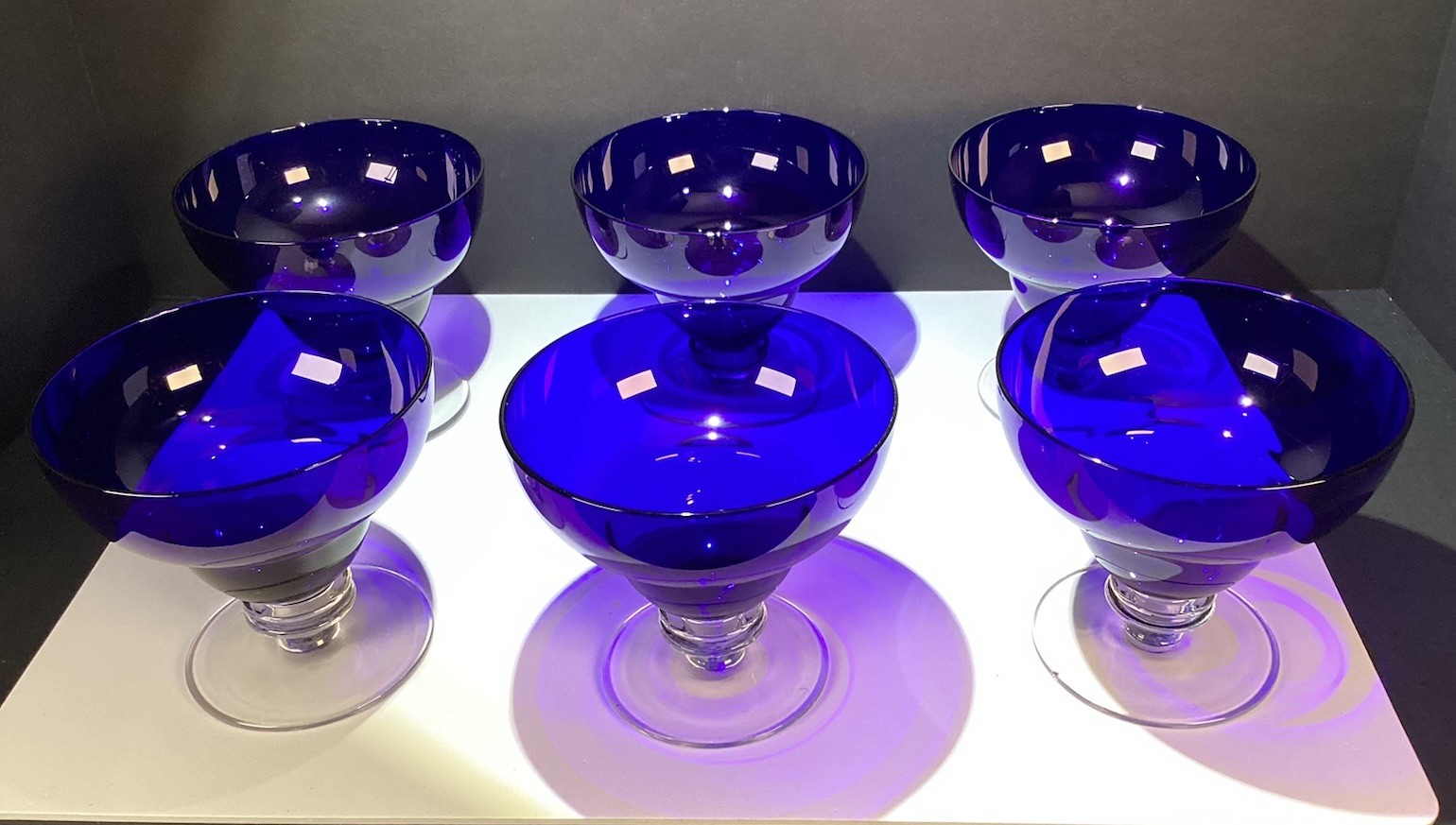 6 Deco Style Cobalt Blue Clear Footed Dessert Sherbet Ice Cream Bowls