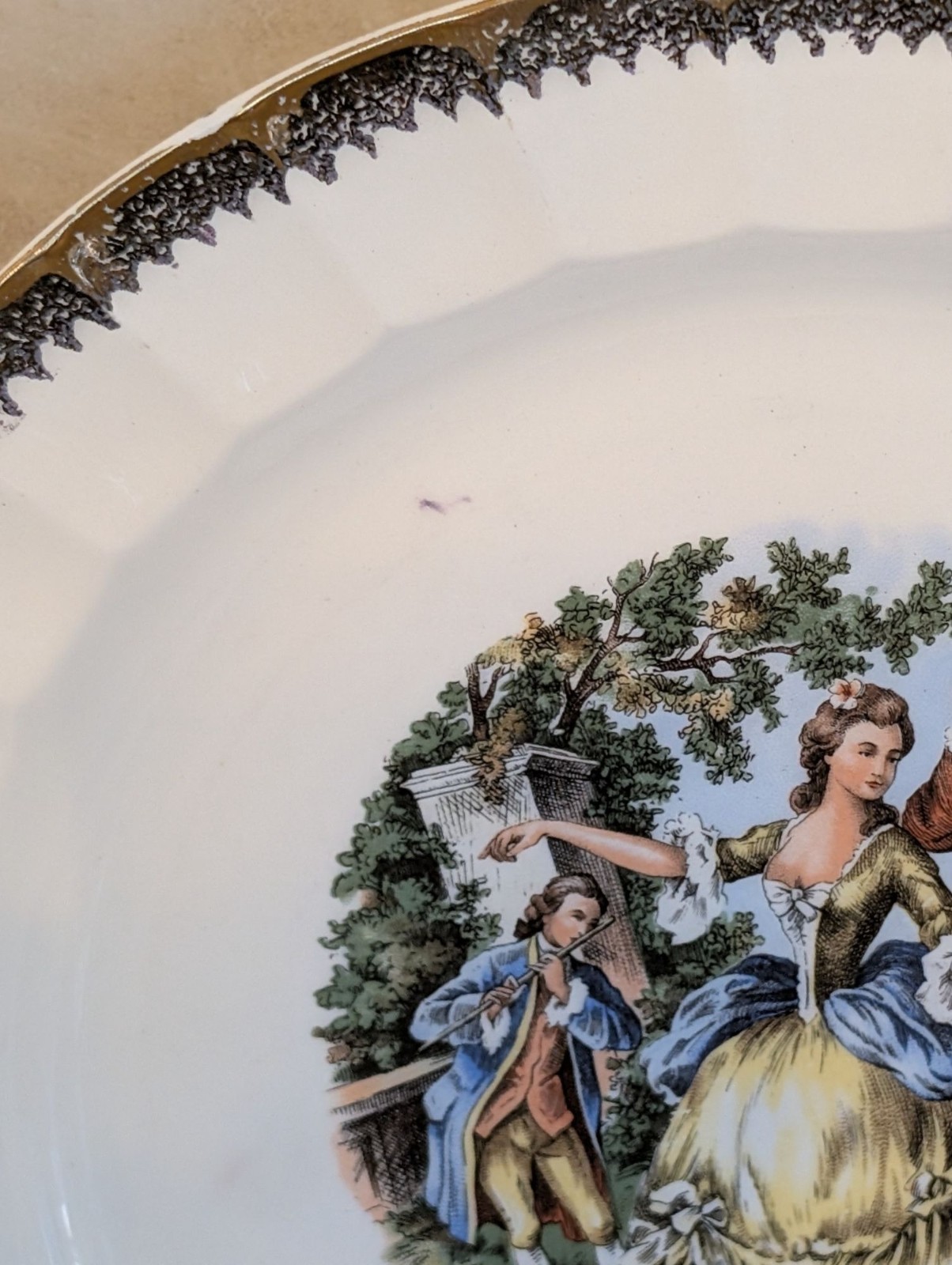 Vintage MCM Porcelain Salad Plate 22K Gold Trim “Courting Couple” Pattern
