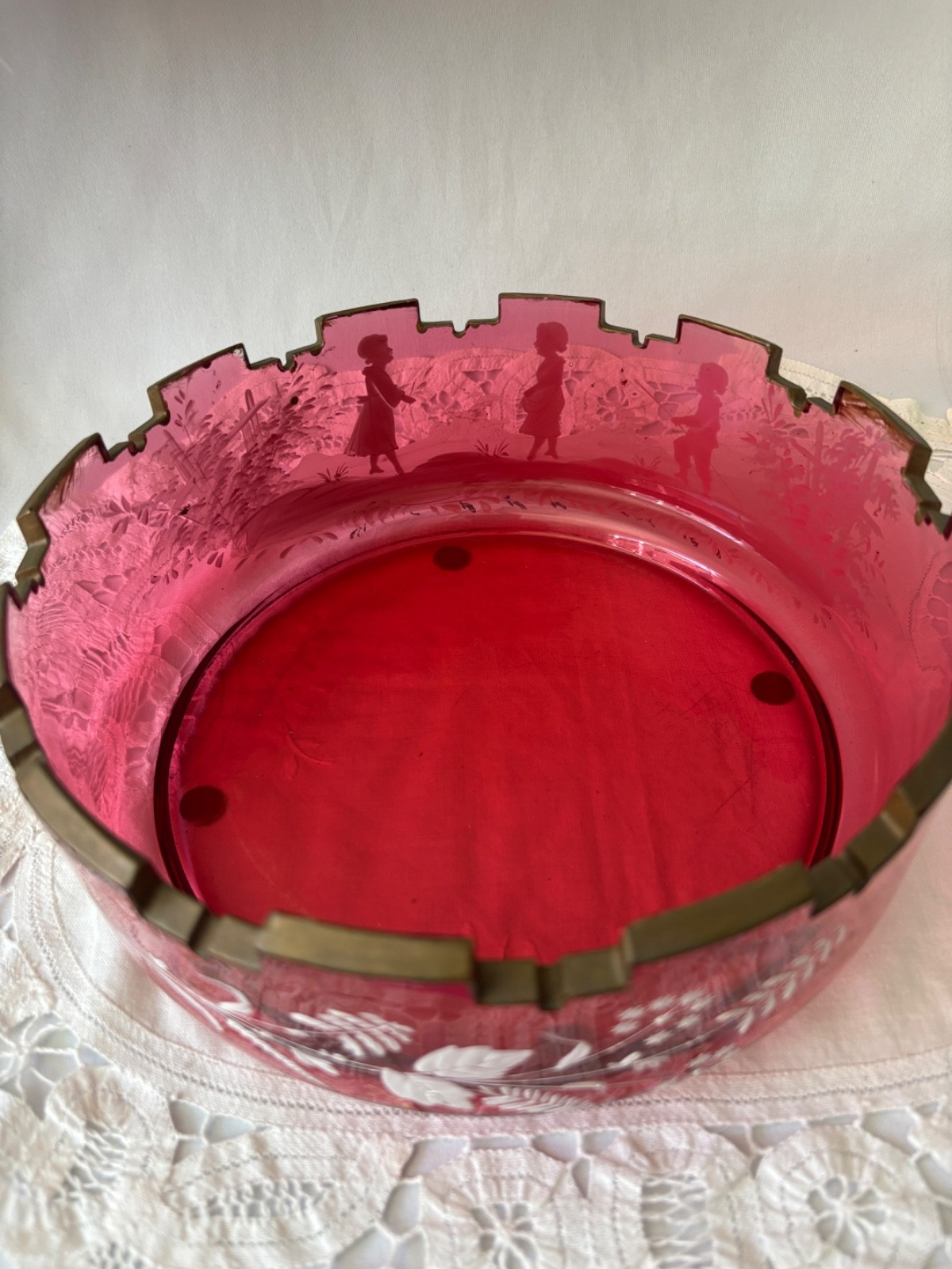 VTG Bohemian Ruby Red Bowl Ruby Flash Cut To Frosted Flower and Children Motif