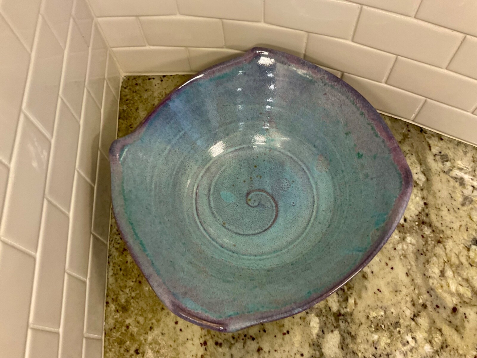 ARTIST SIGNED Pottery Blues Purples And Green Tones 11 Inches