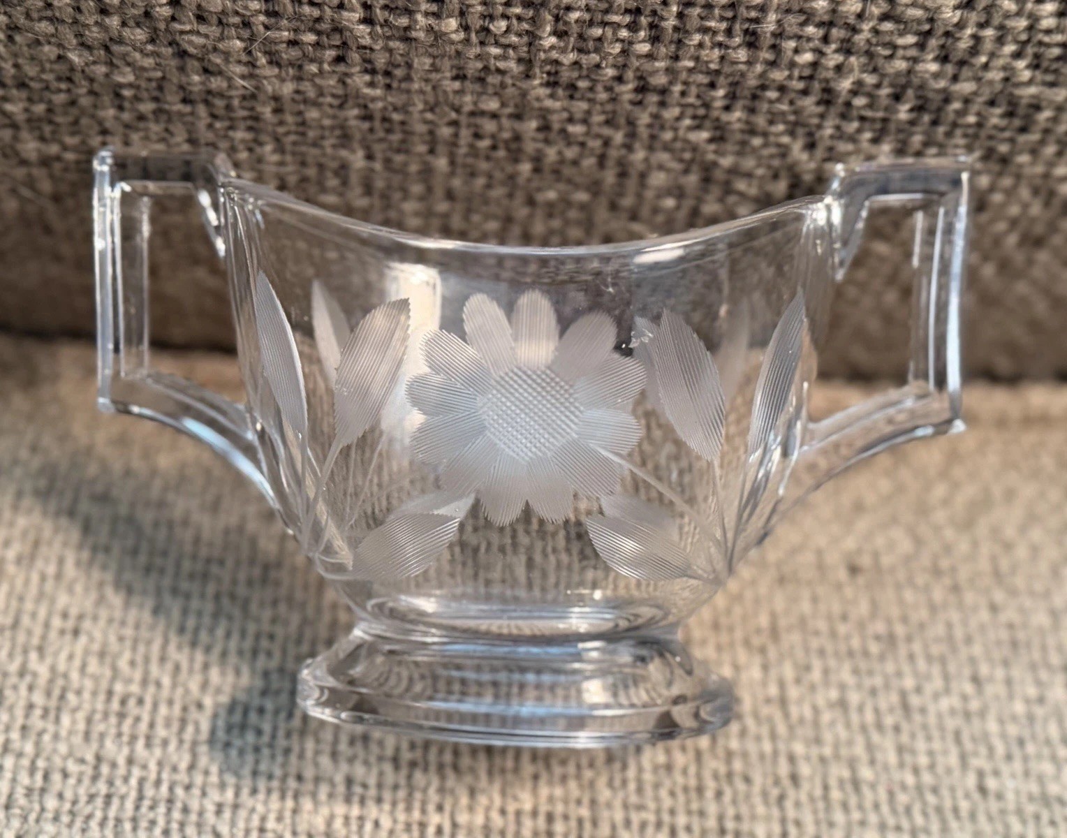 AH Hensley Glass Etched Floral Handled Bowl Dish, 4 in Tall Flower Pattern