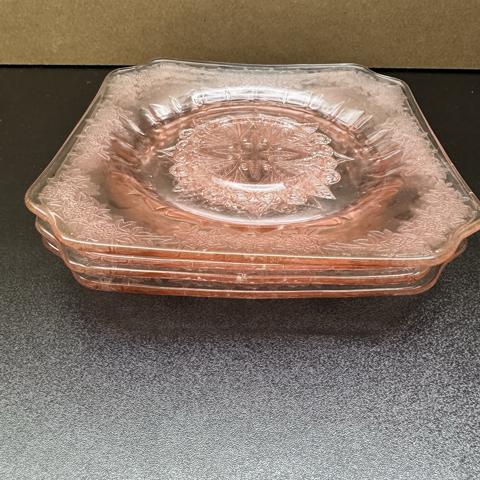 Jeannette Adam Pink Depression Glass Square 6” Plates Lot Of 4 1930s