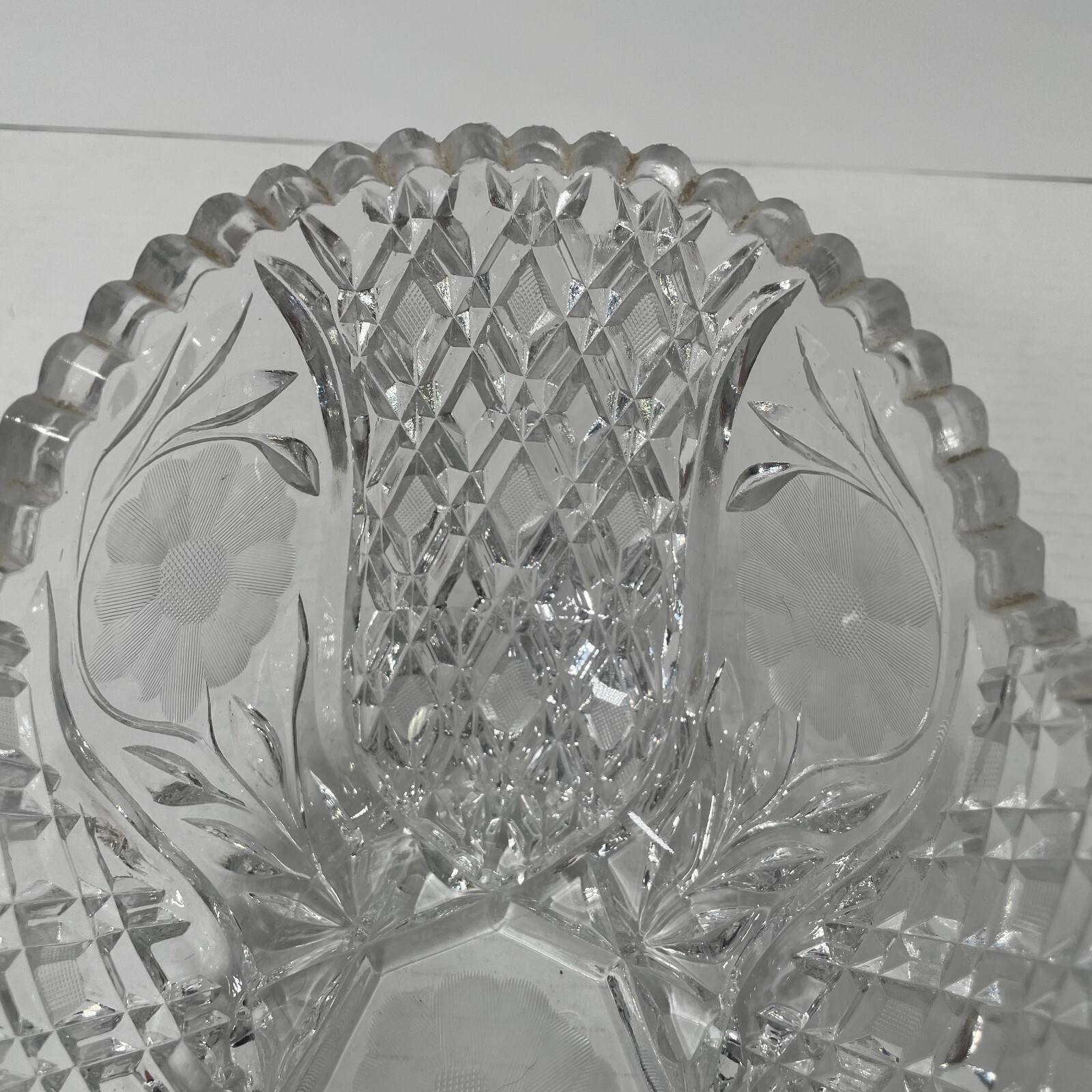 Brilliant Cut Glass Oval Bowl -Floral – 8 in. x 5.75 in. x 4.75 in. Sawtooth Rim