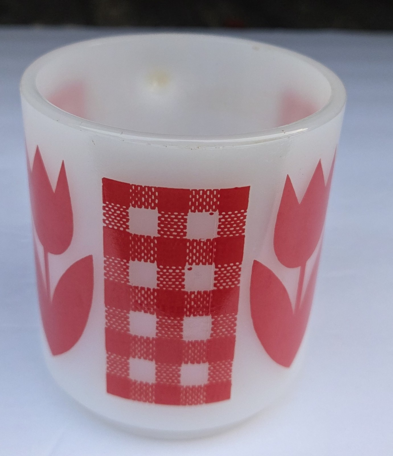 Vtg Termocrisa?Jeannette Glasbake? Coffee Mug Red Tulip Gingham 1960’s-70’s