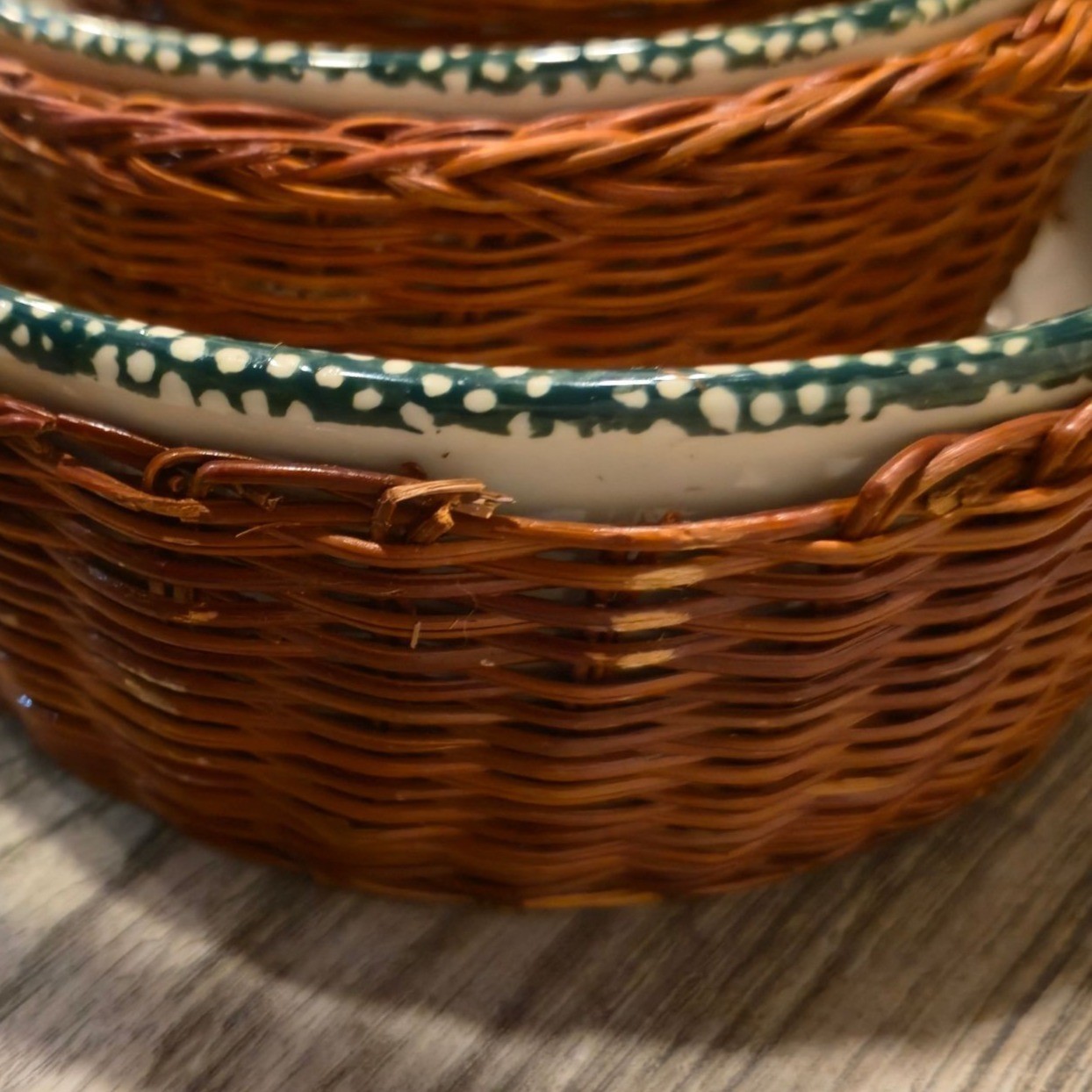 Vintage Stoneware Dishes bowls w/ wicker baskets Mossy Heart Floral art Nesting