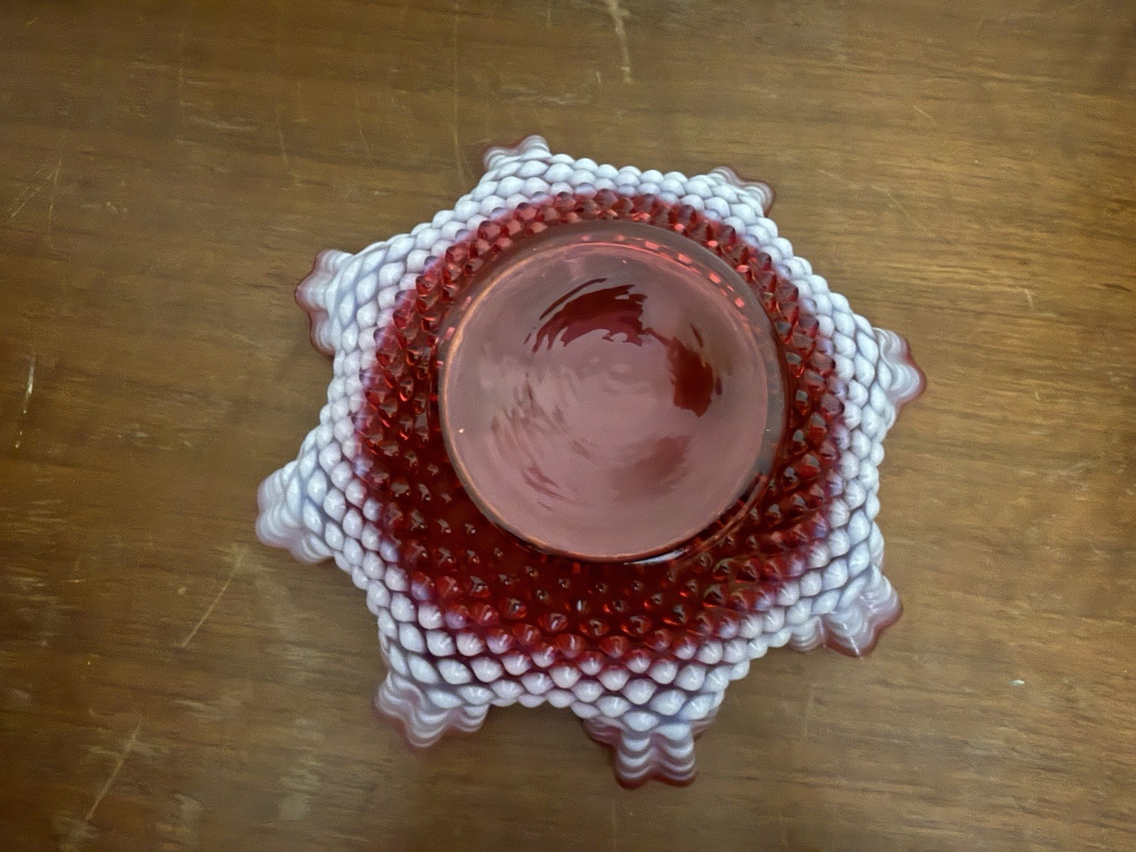 Vintage Fenton Cranberry Opalescent Hobnail Ruffled Bowl 9 & 1/2 inches wide