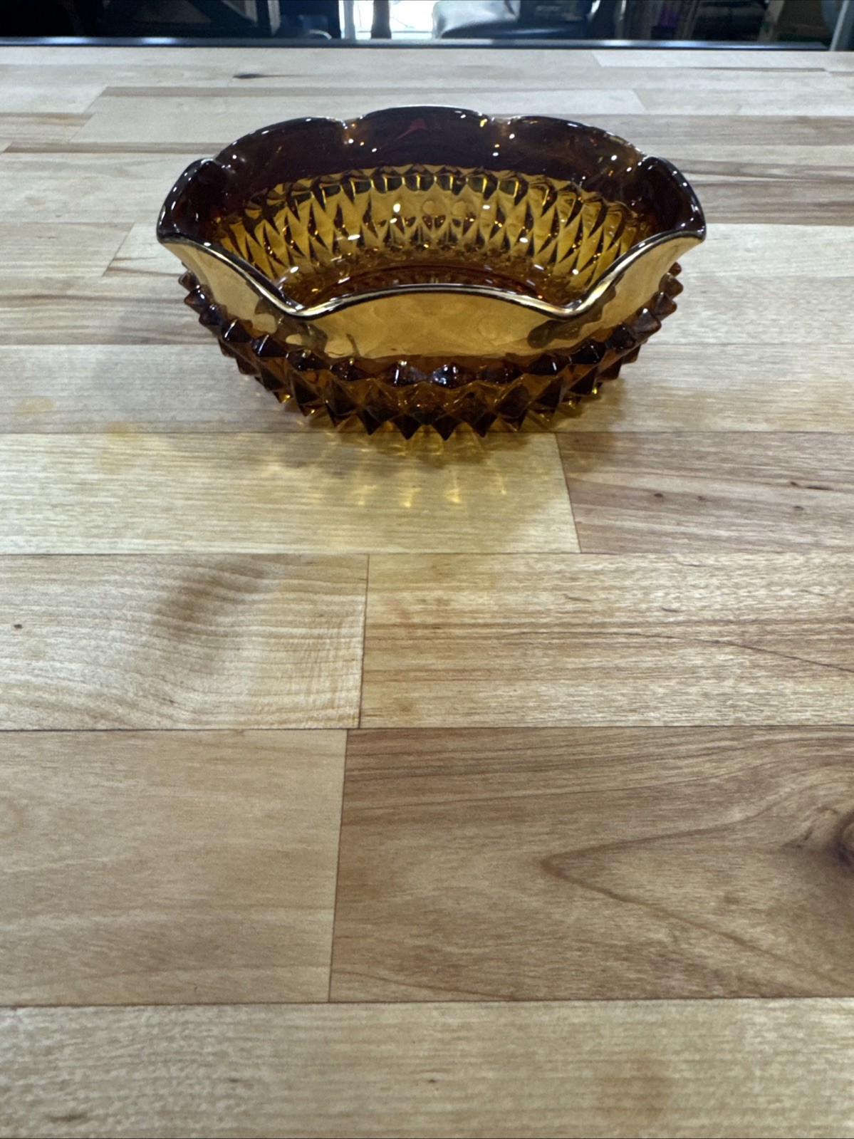 ANTIQUE PRESSED EAPG AMBER GLASS BOWL WITH GILT TRIM, 5 1/4 X 1 5/8″