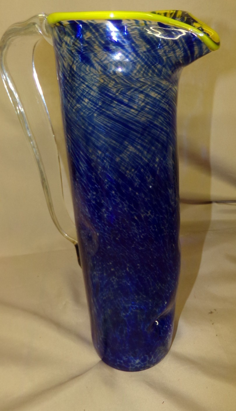 Cobalt Blue Yellow Rim Art Glass Pitcher 13″