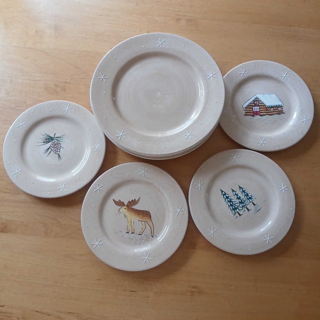 4 Home Northwoods Embossed White Snowflakes Beige Dinner Plate & 4 Salad Plates