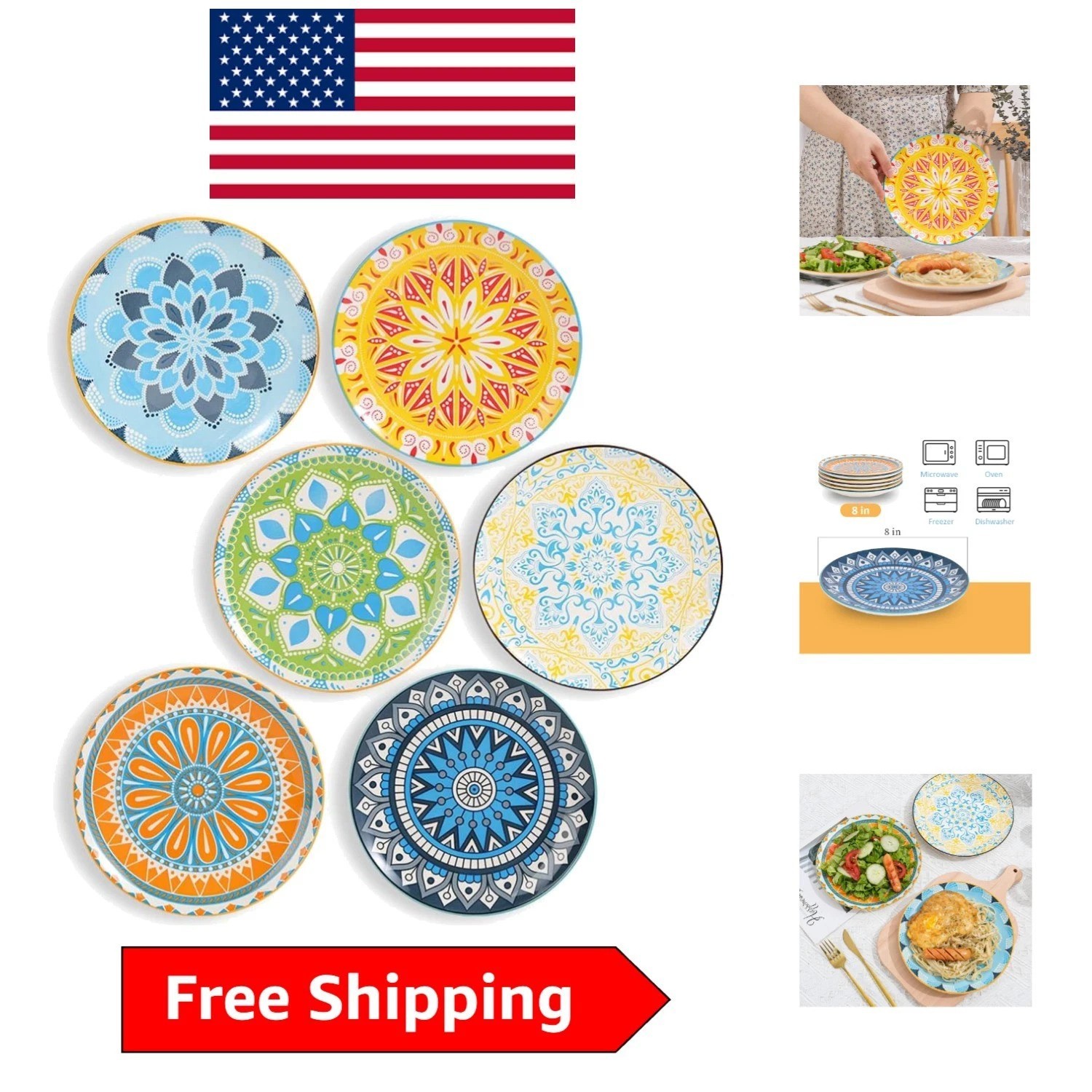 Colorful 8-Inch Ceramic Salad & Dessert Plate Set – 6 Count for All Occasions