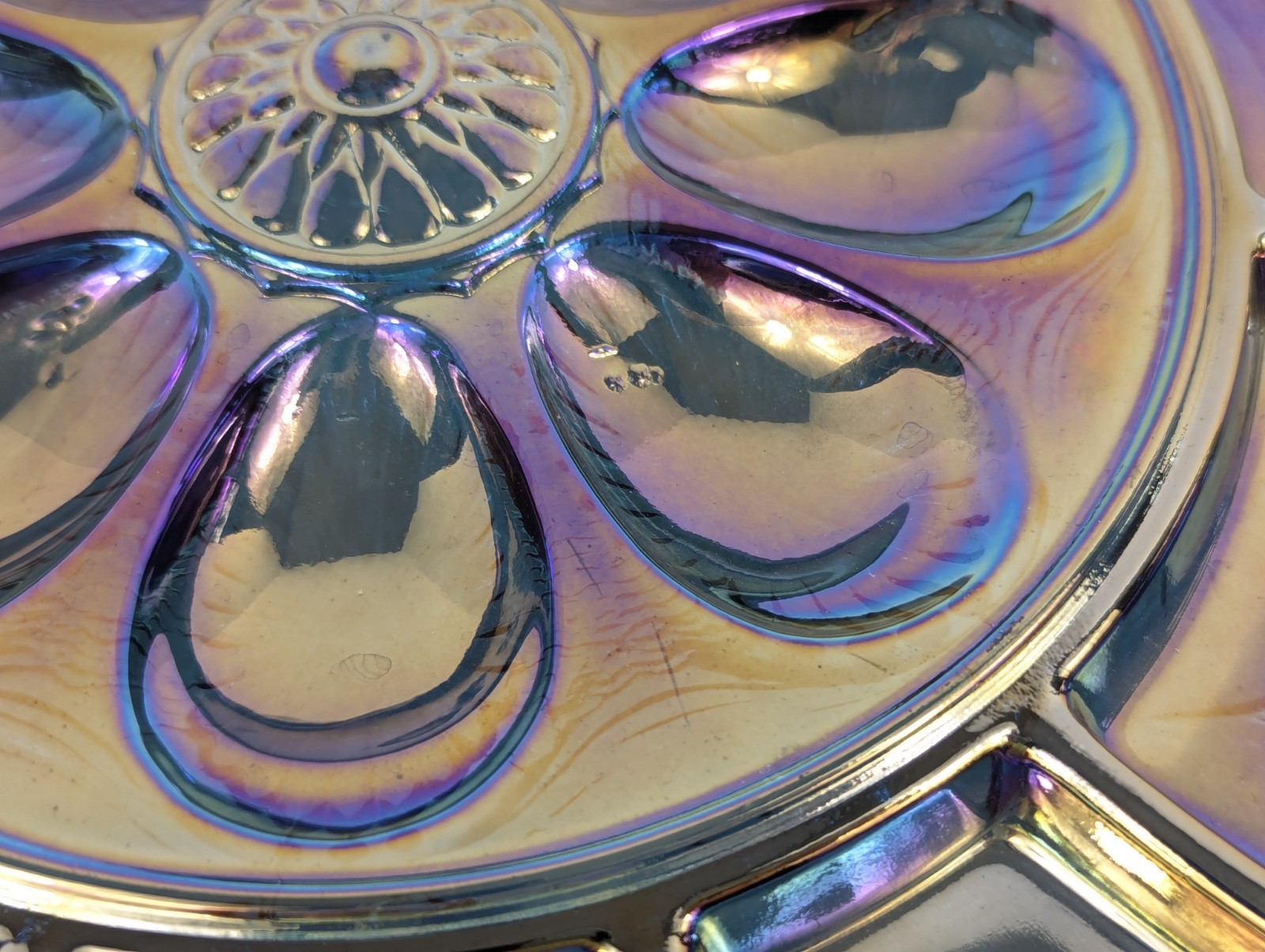 Vintage Indiana Glass Blue Carnival Deviled Egg Relish Tray Platter Iridescent