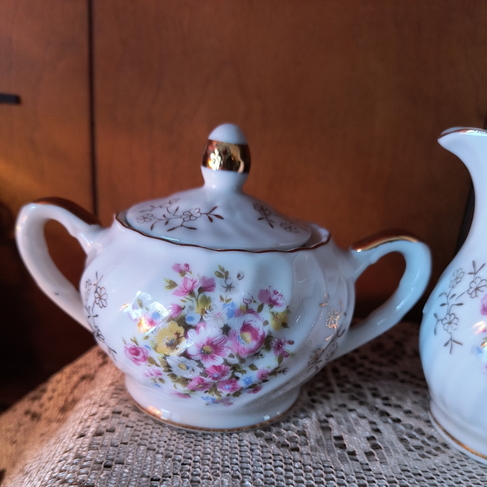 Vintage Pink Floral Porcelain Lidded Sugar Bowl and Creamer Swirled Cottagecore