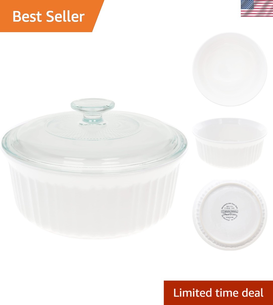 Stylish 1.5QT Round Casserole Dish & Fluted Glass Lid for Gourmet Cooking