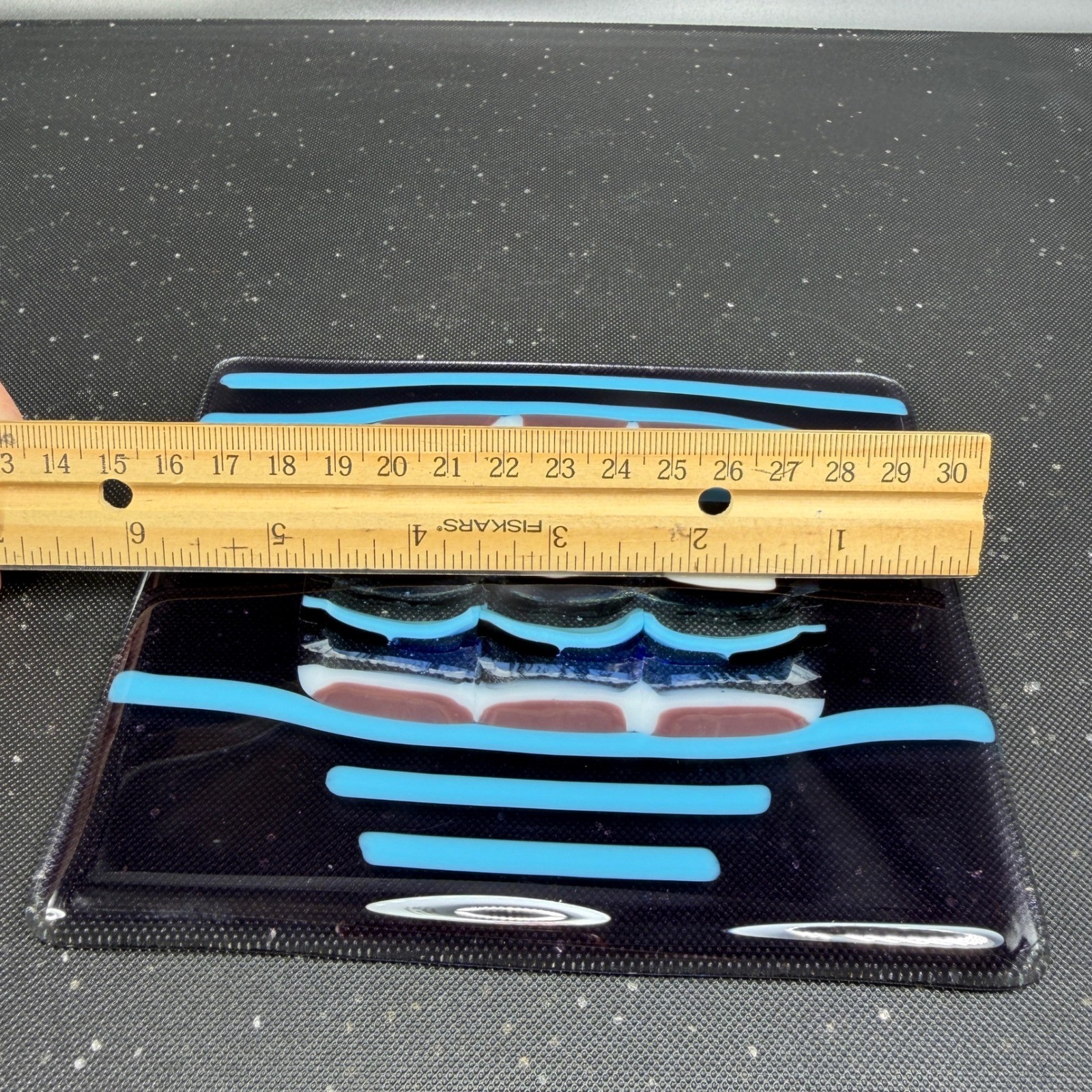 Handmade Fused Glass Art Plate Abstract Geometric Purple Turquoise 6×5 Inch