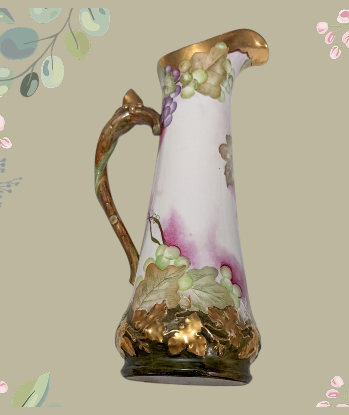 T&V LIMOGES Hand Painted Grapes & Gold Gilt Pitcher 15.5″ Tall Grape Vine Leaves