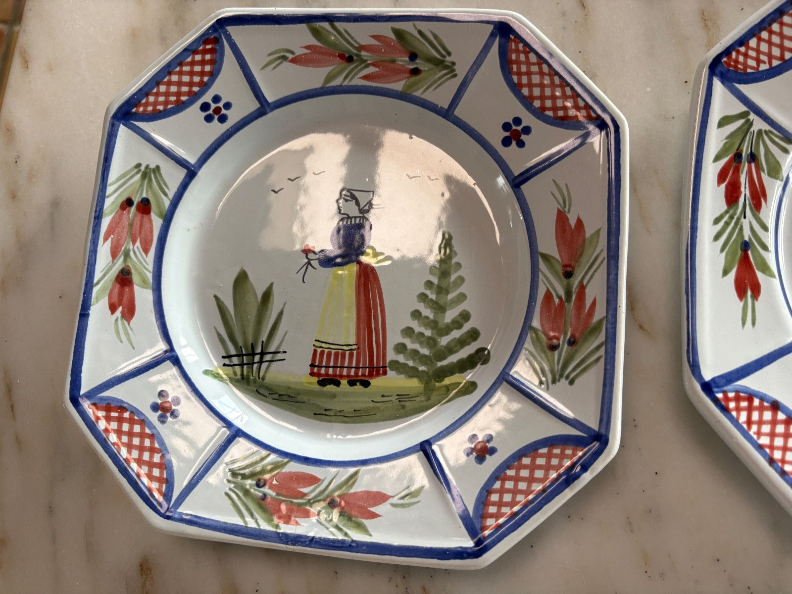 Pair of Henriot Quimper Mistral Blue Breton Octagonal Salad Plates 7.75” France