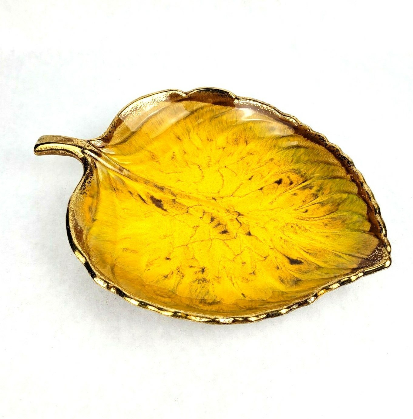 California Pottery Yellow Leaf Dish no 872 Brown Glaze Gold Rim USA Made
