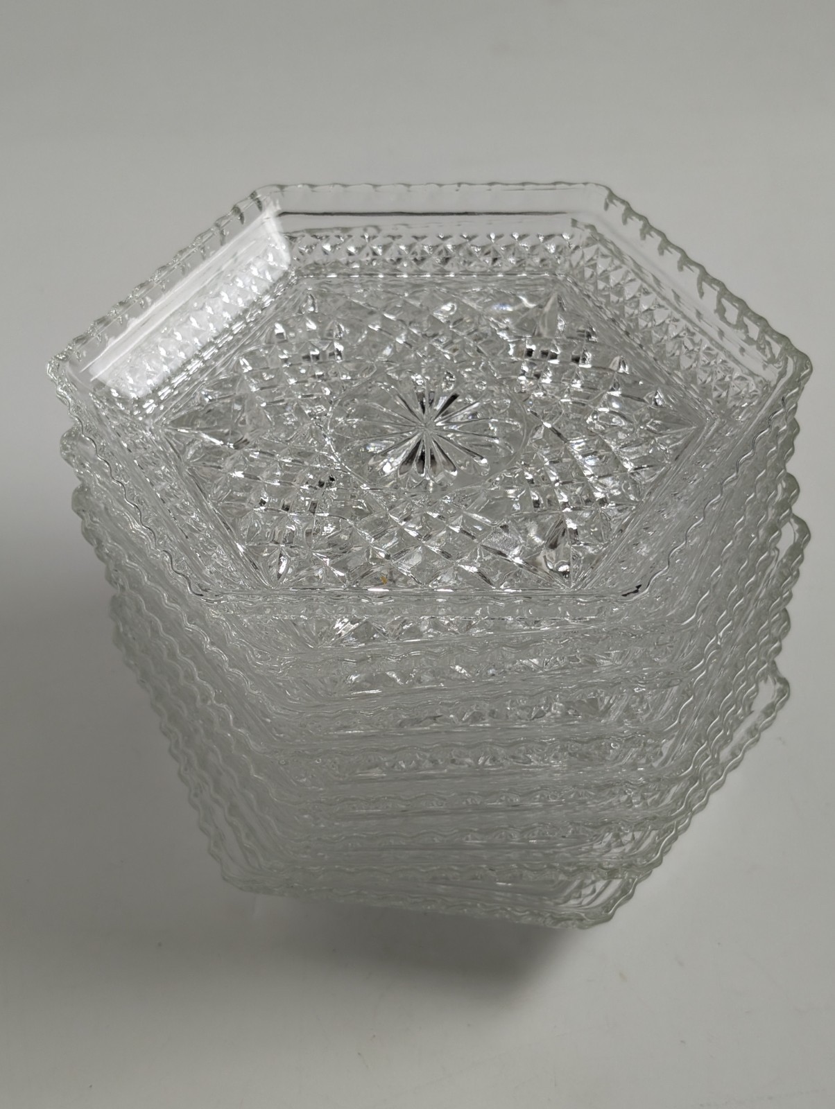 Vintage Set 8 Clear Pressed Glass Hexagon Plates Starburst 7.5”