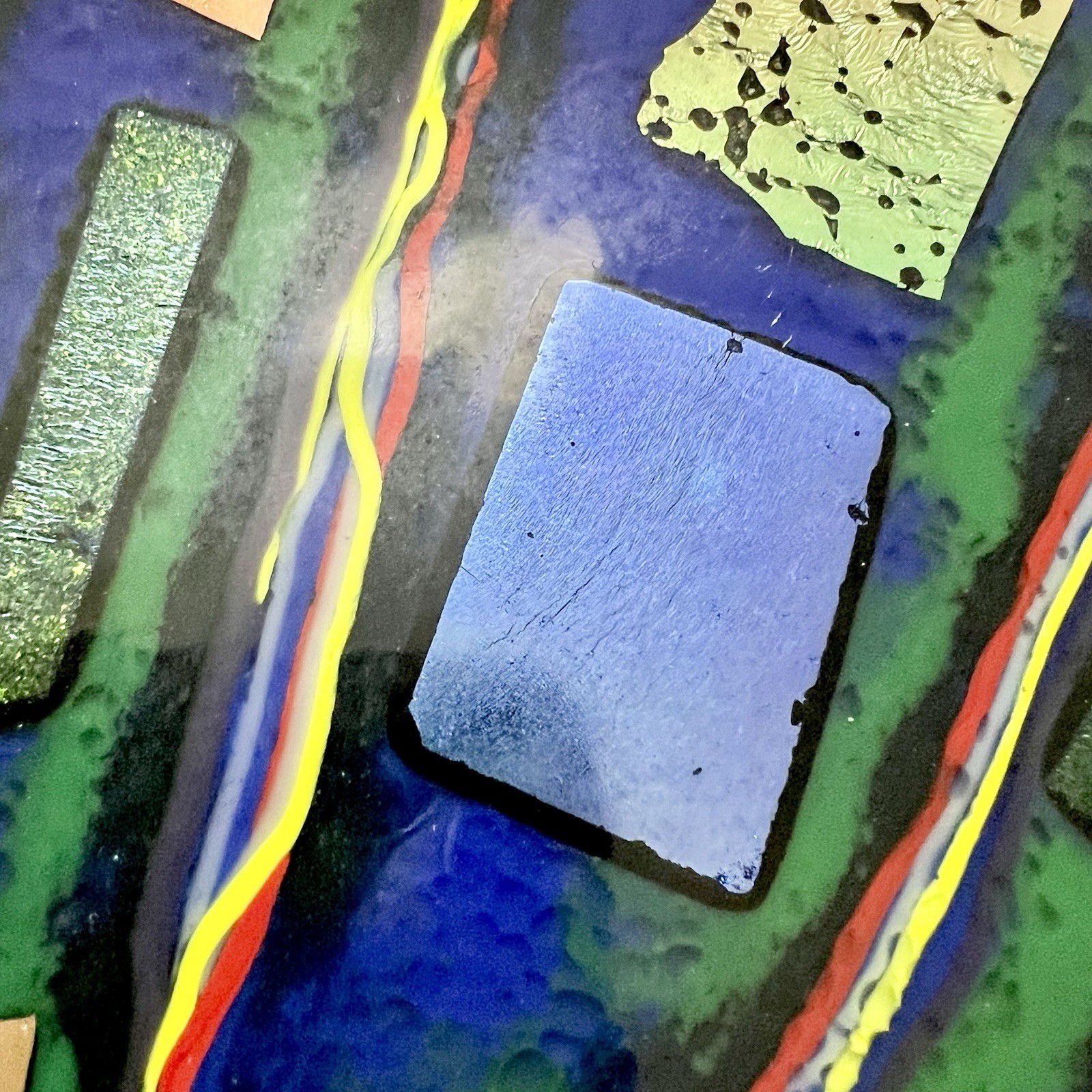 Abstract Fused Dichroic Art Glass Plate Blue Multicolor Modern Decor 8”