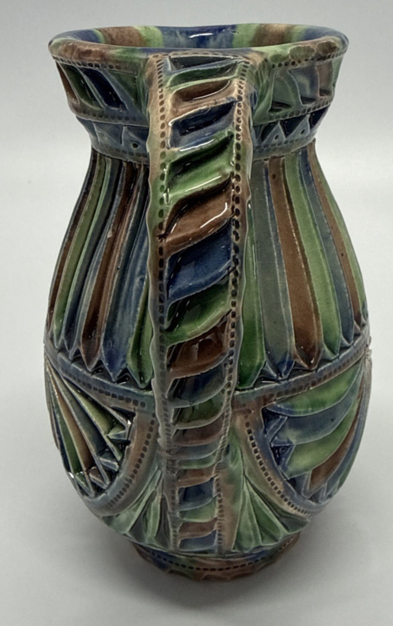 Friesland Dutch Kerfsnee Art Pottery Pitcher Green Blue Brown RF de Boer Holland