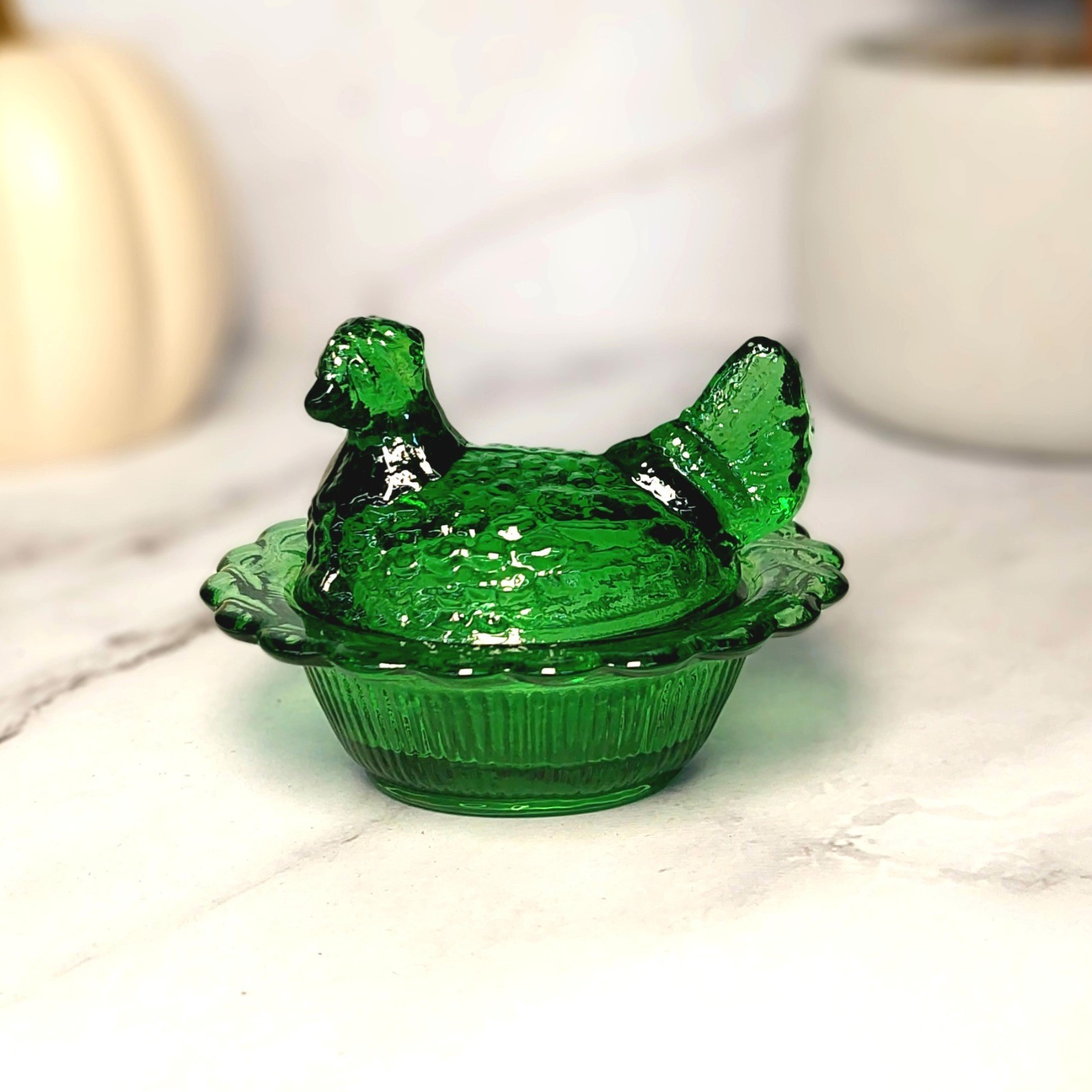 Mosser Mini Hen on Nest Chicken Salt Dish, Green Depression Style Glass