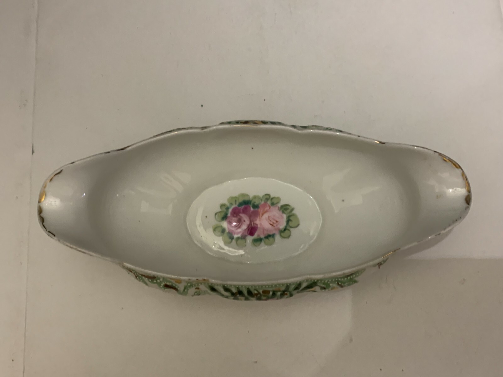 Antique c.1920’s Beaded Porcelain Rose Double Spout Sauce Boat