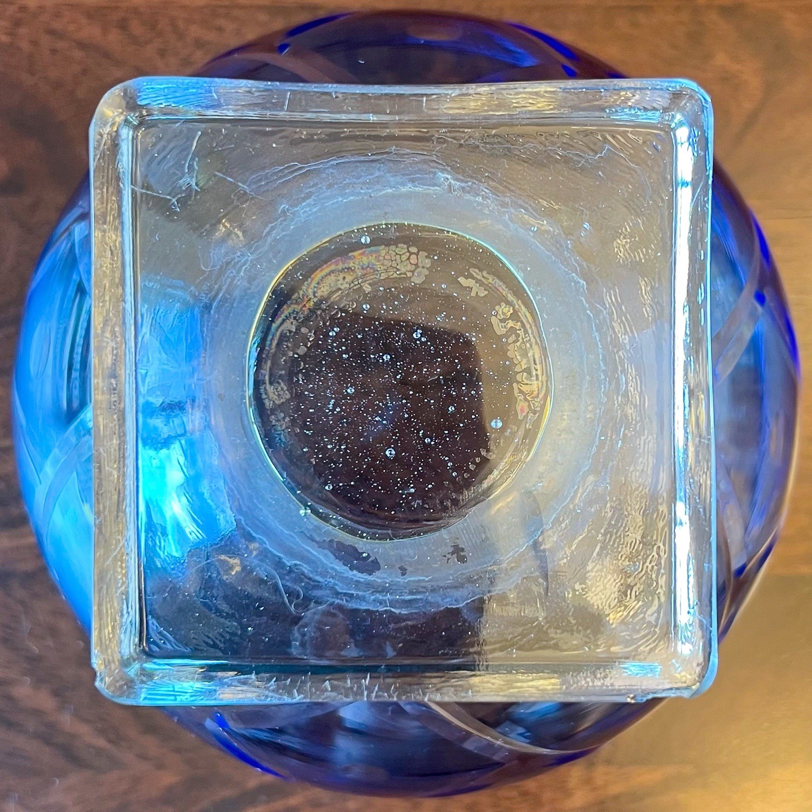 Vintage FTD Cobalt Blue Cut to Clear Art Glass Pedestal Bowl Square Base 6”