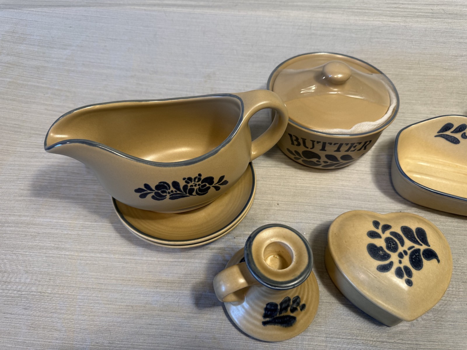 Pfaltzgraff Folk Art Stoneware Lot Gravy Boat Butter Dish Candlesticks 8pc