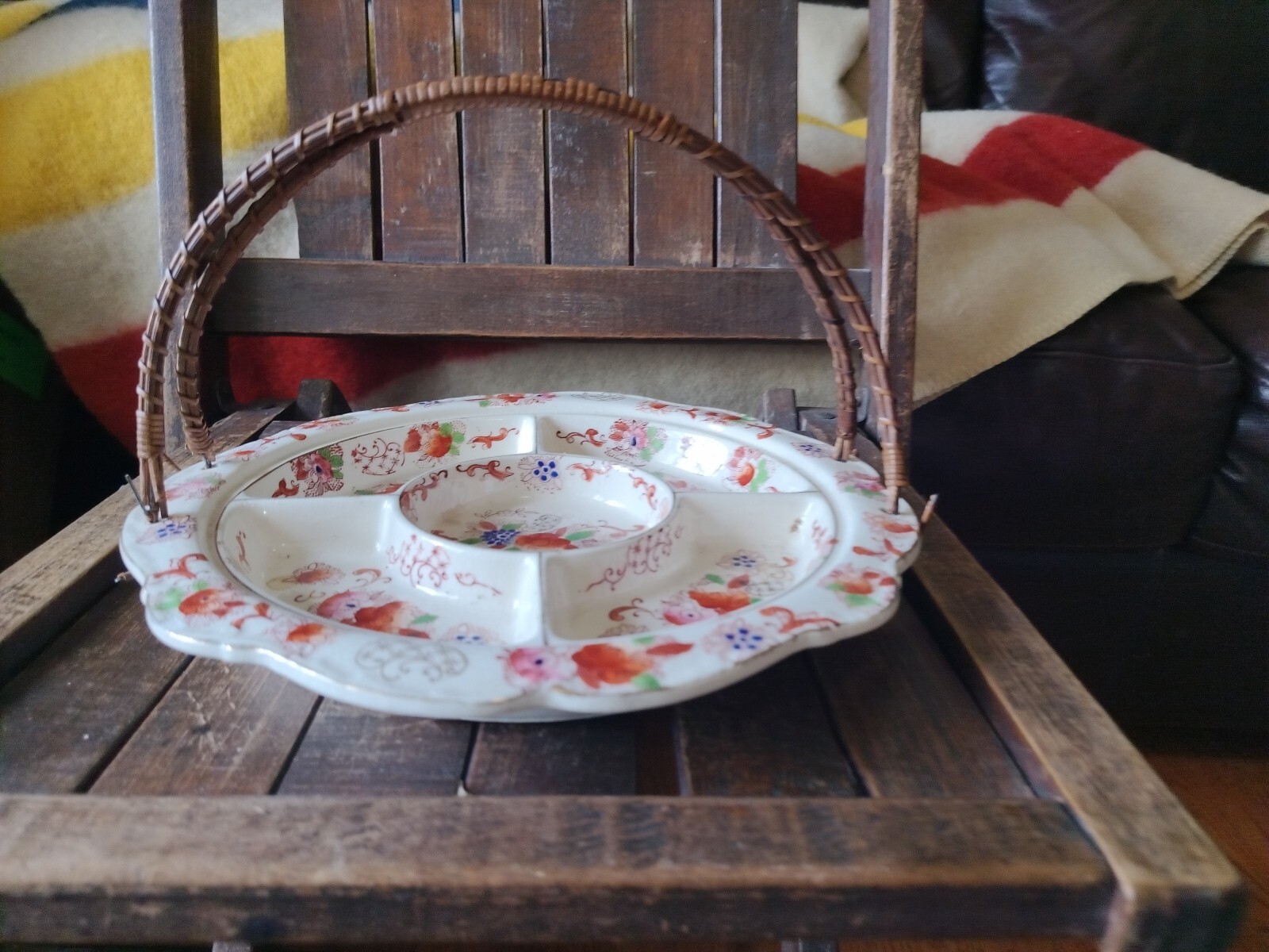 Antique Divided Serving Dish Floral Round Tray Wicker Handle Imari Japan 1940’s