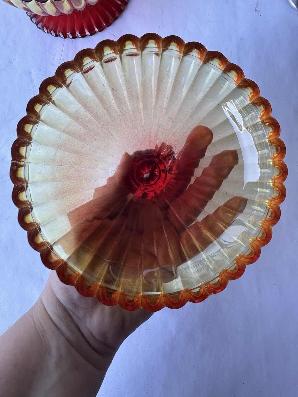 Vintage Amberina Glass Covered Candy Dish Pedestal Compote Ribbed Server Dish