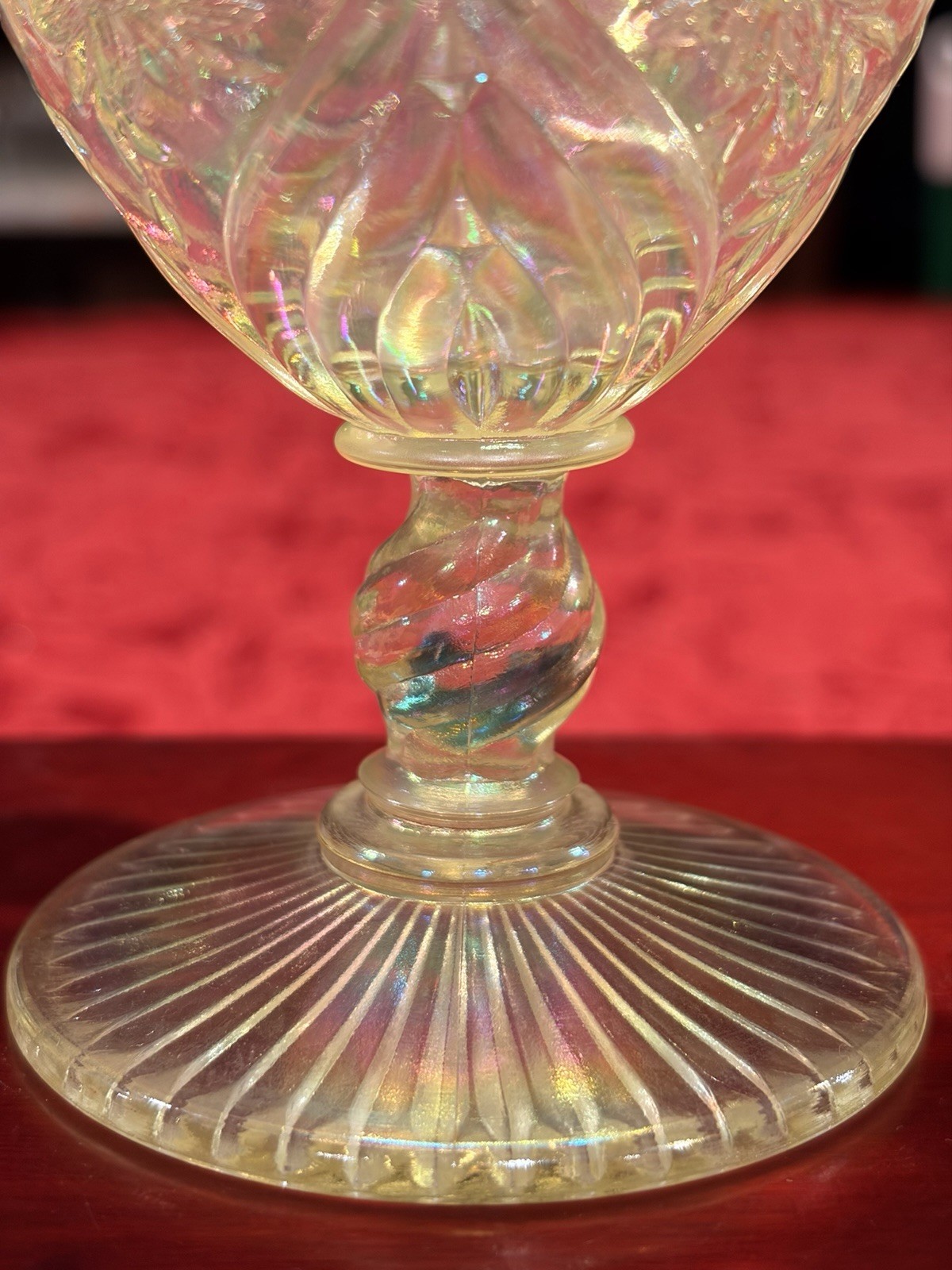 Fenton Topaz Vaseline Uranium Glass Daisy Feather Compote Black Crest Ex Cond