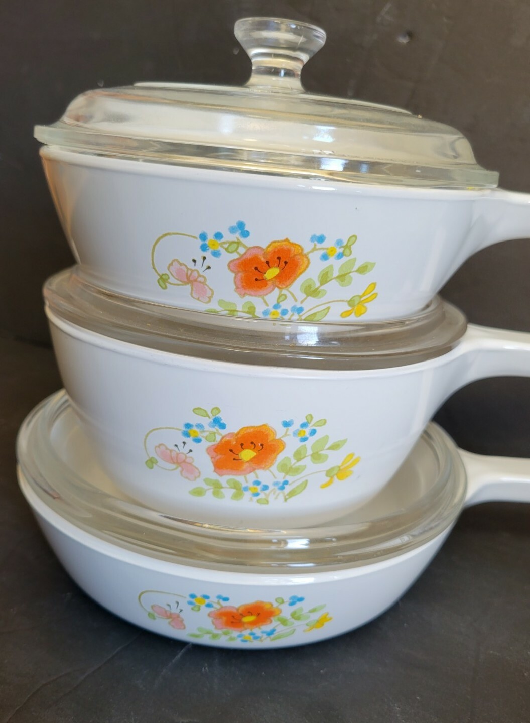 Corning Wild flower 6 Pc Menuette Set P-81-B, P-82-B & P-83-B Pyrex Lids