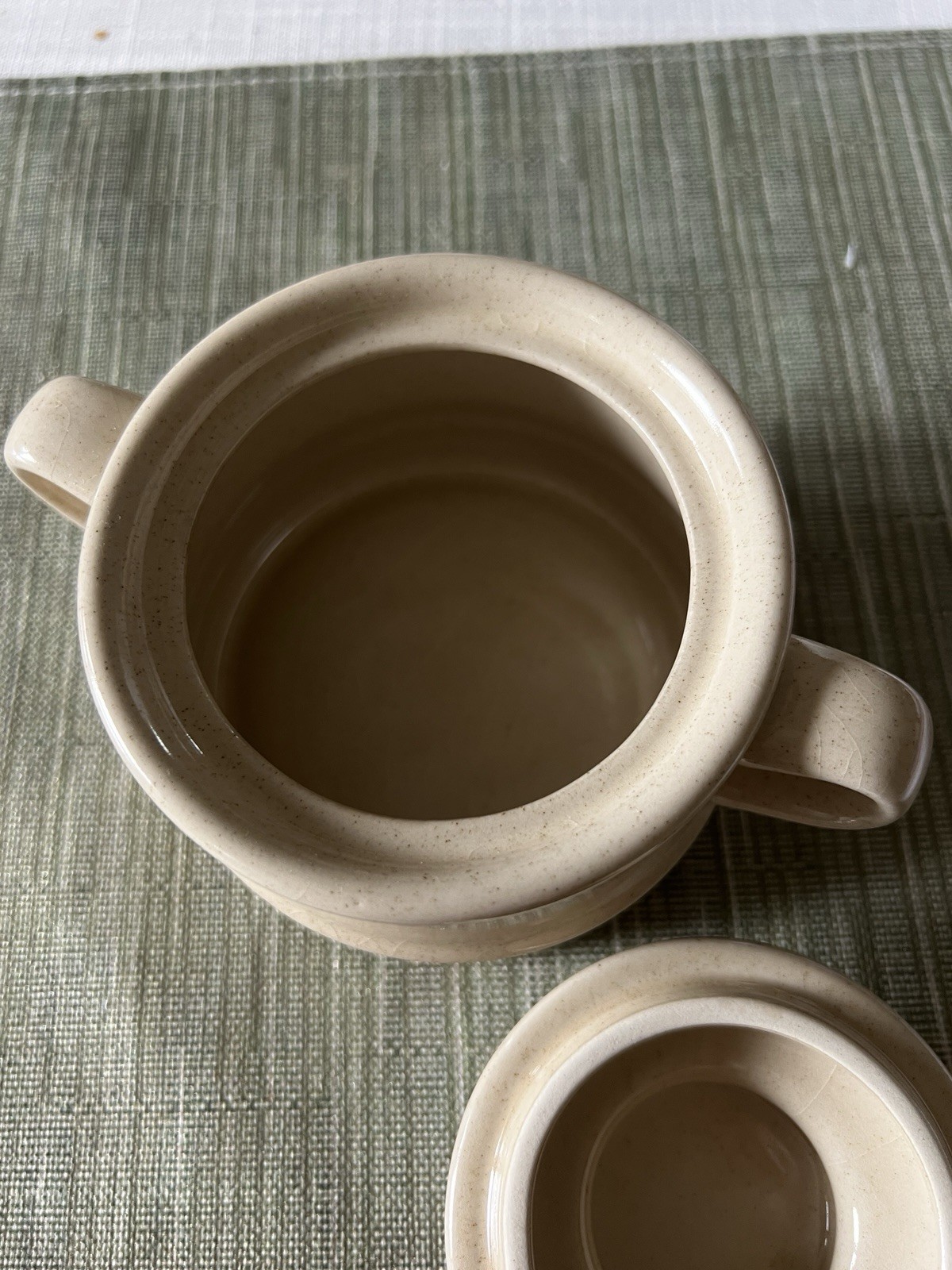 Yamaka Japan Stoneware Sugar Bowl Beige With Brown Stripes Excellent Preowned 