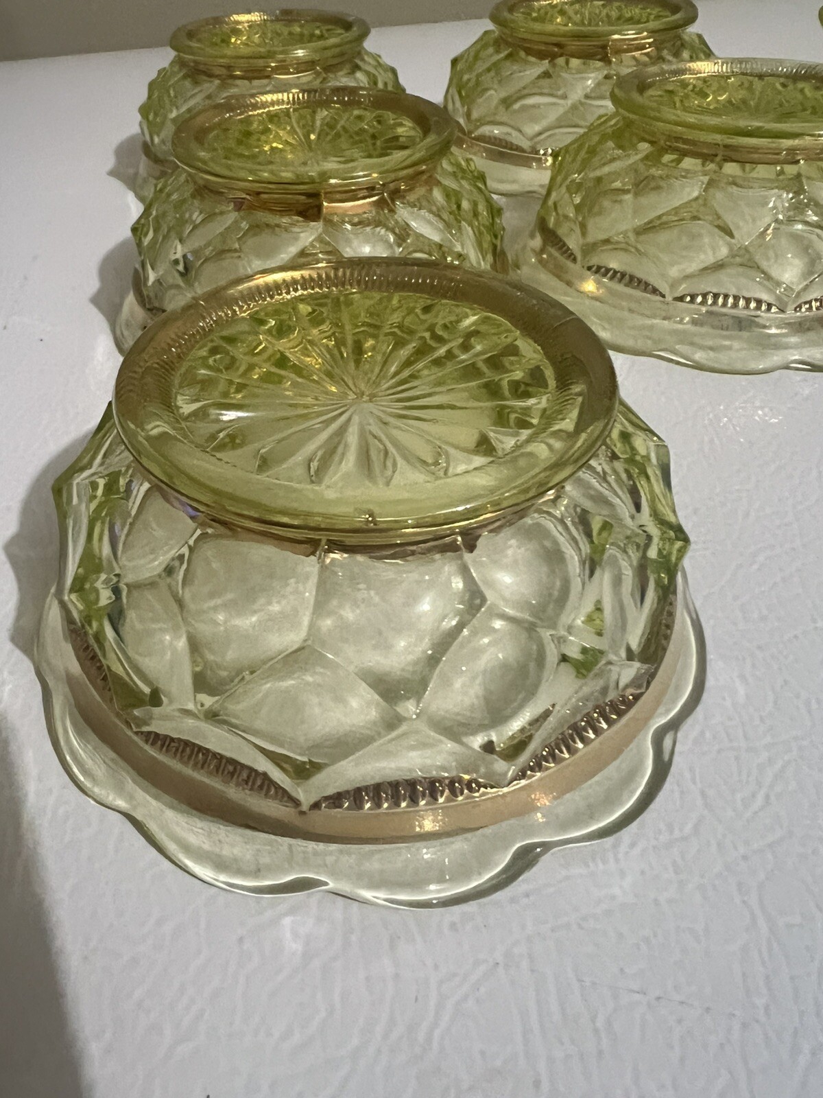 Antique Beaumont Glass Co #100 Columbia Vaseline UV Glass Berry Bowls Gold Trim