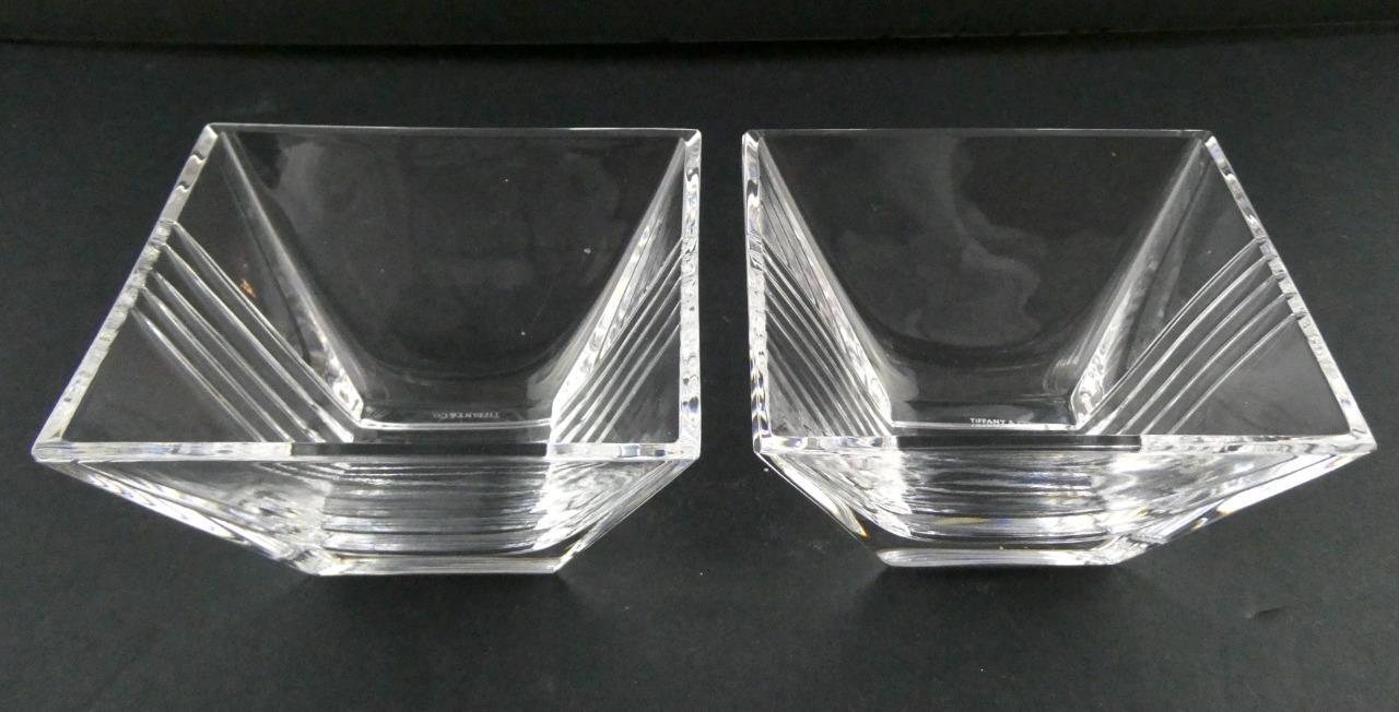 Tiffany and Company Crystal Pair of 2 Metropolis 4.25 Inch Square Bowls