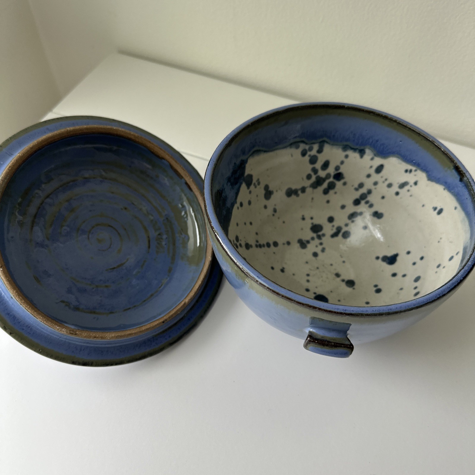 Vintage Studio Pottery Covered Bowl Blue Glaze Handmade Ceramic Dish