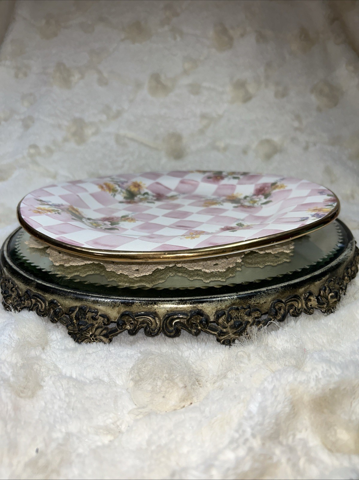 1990’s Mackenzie Childs “Rose Petal” Pink White 12” Cabinet Plate Lemon Curd