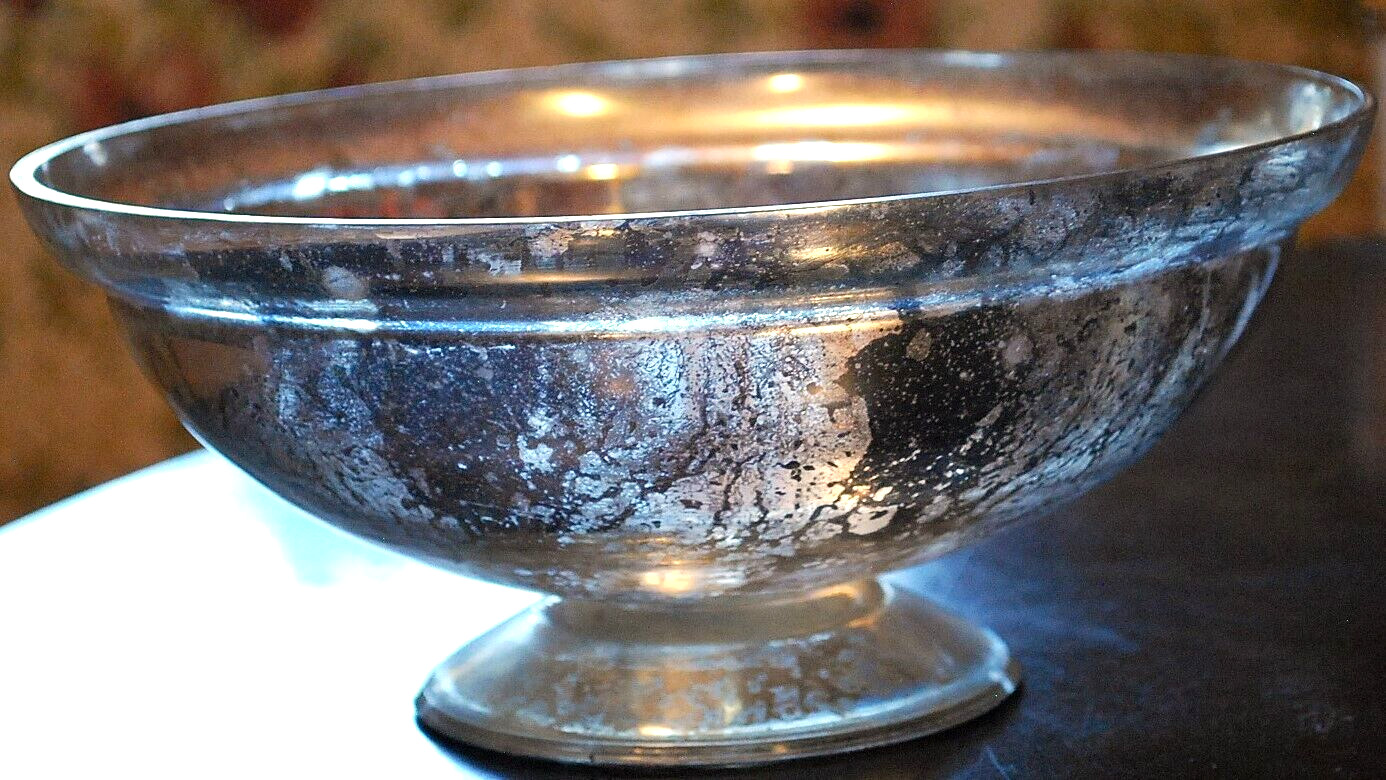 Antique Victorian SILVERED MERCURY GLASS BOWL Pedestal Base HAND BLOWN 9.25″