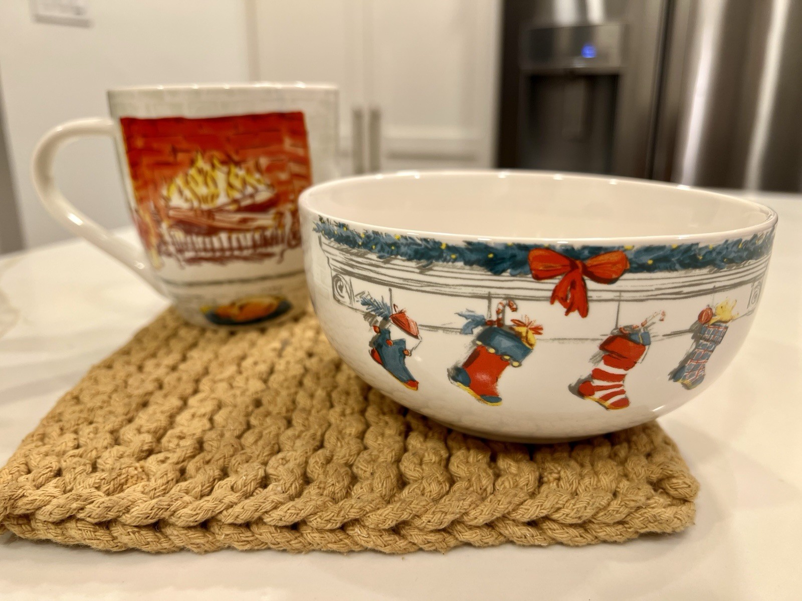 Eaton Fine Dining Christmas Mug and Bowl Set Fireplace Stockings Holiday