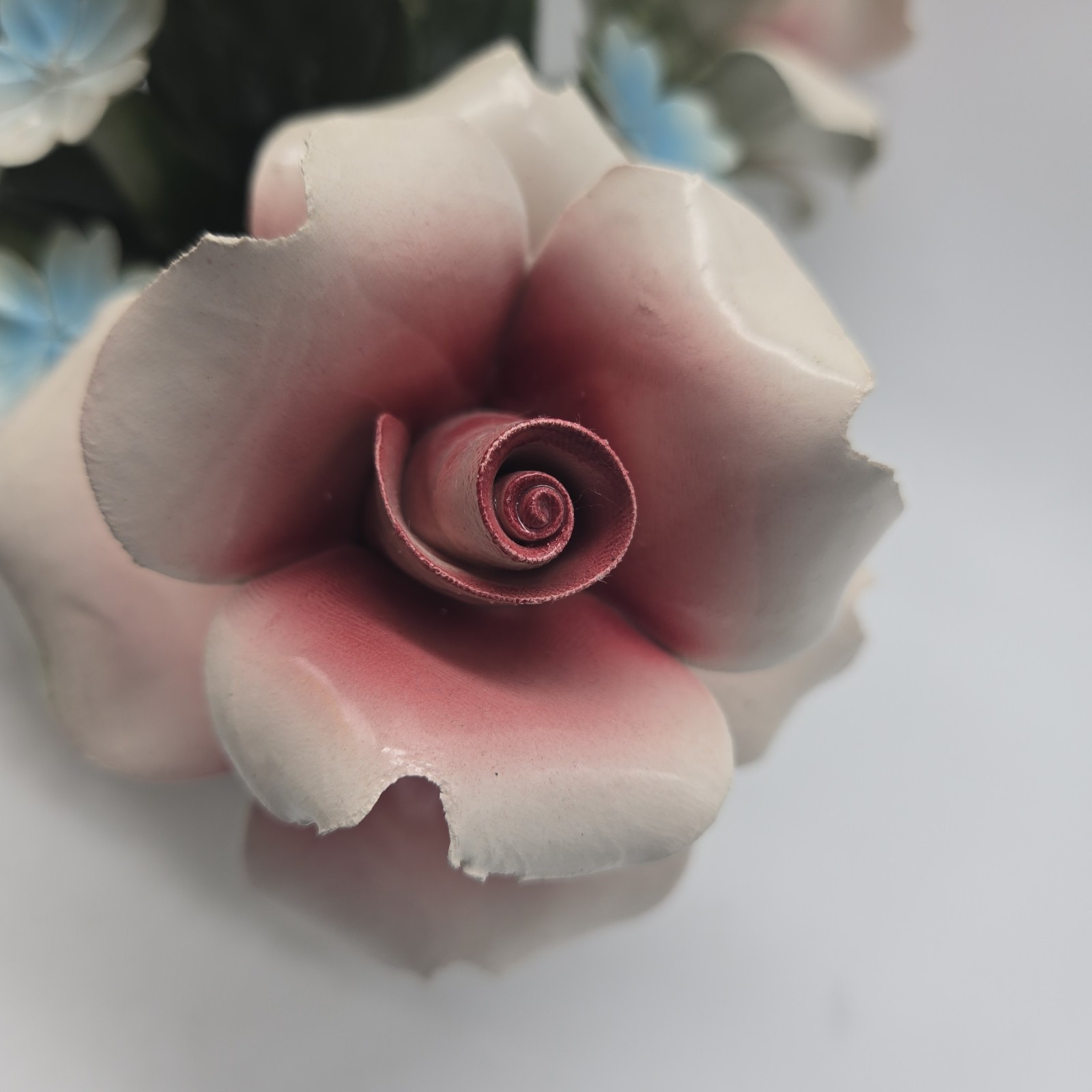 Capodimonte Italy Pink Yellow Roses Blue Ceramic Flowers Nuova Centerpiece Vtg
