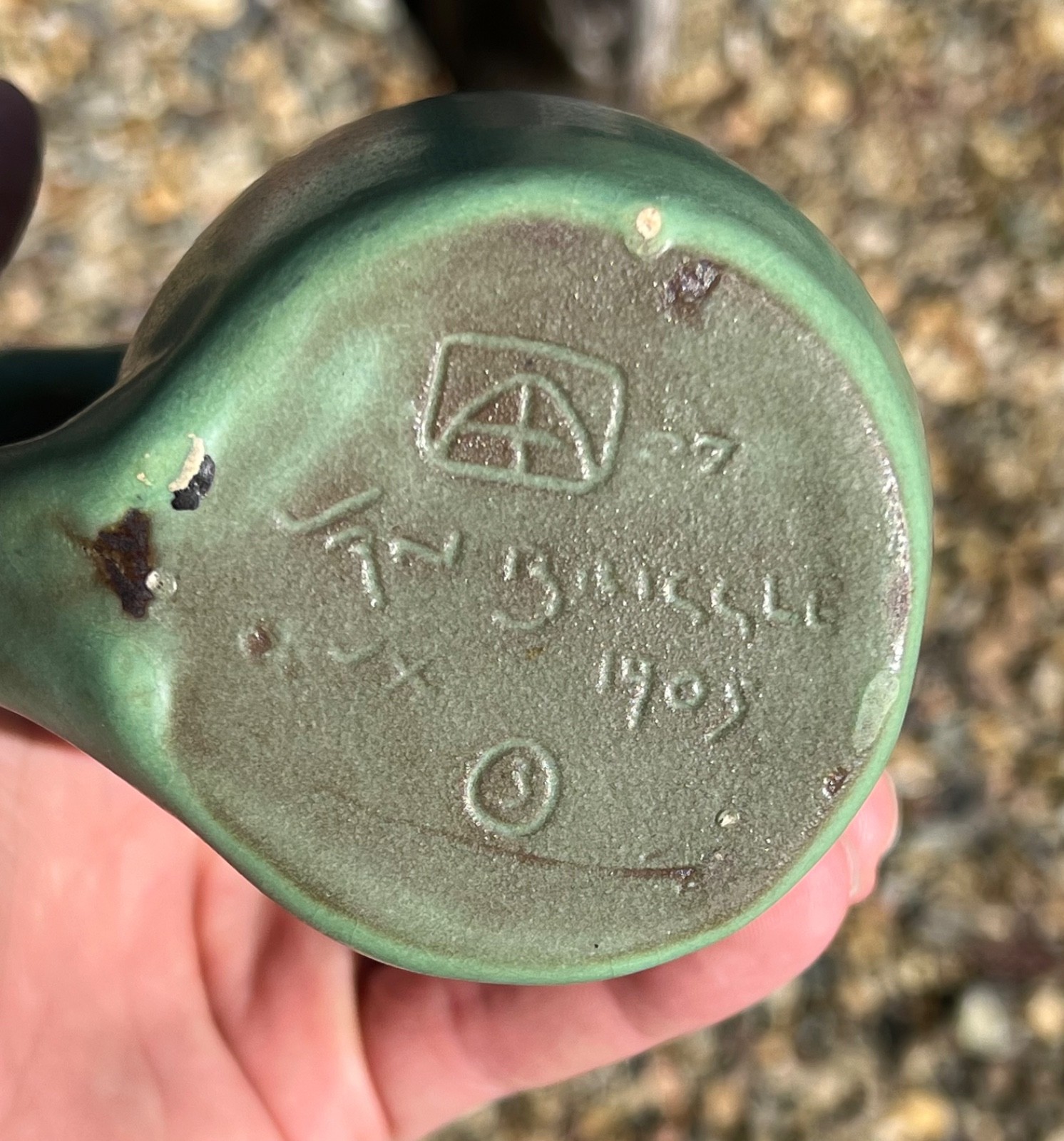 1905 EARLY VAN BRIGGLE ART POTTERY MUG MATTE GREEN GLAZE COLORADO SPRINGS