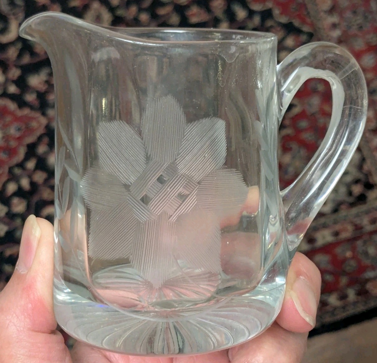 Vintage Creamer and sugar bowl, matching etched glass, heavy crystal.